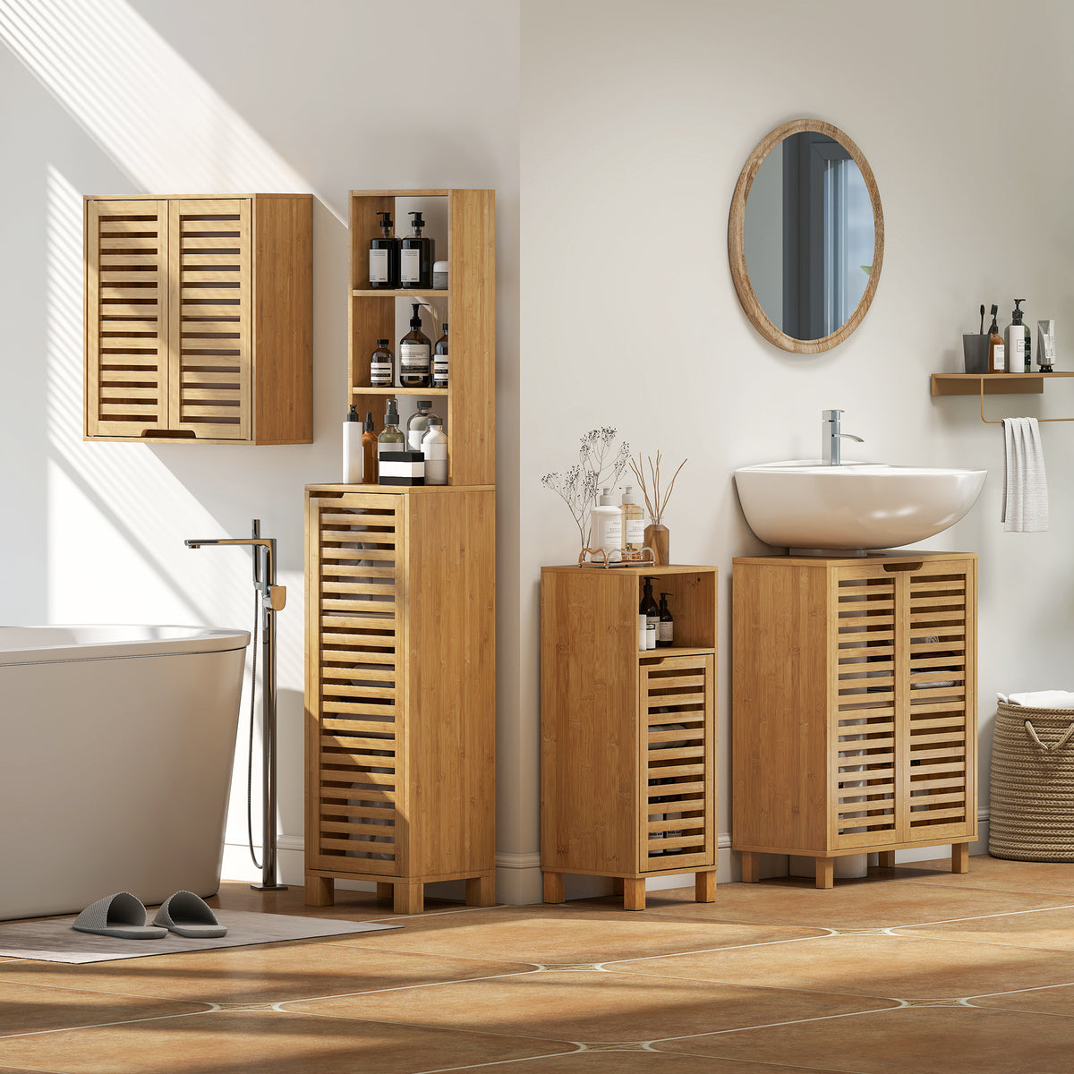 HOMCOM Under Sink Bathroom Cabinet, Freestanding Under Sink Cabinet with Louvered Doors and Adjustable Shelf, Natural