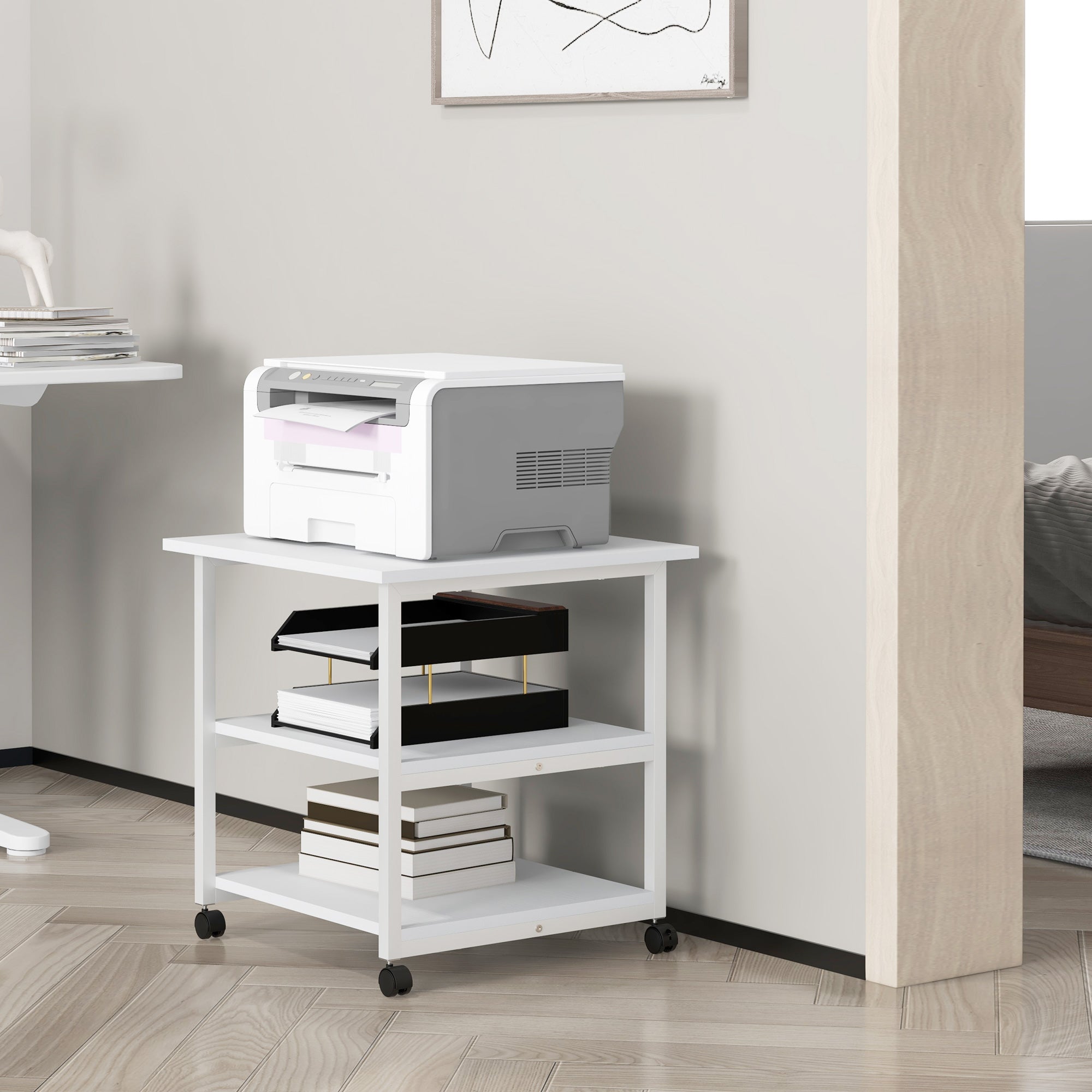 HOMCOM Three-Tier Steel Printer Stand, with Wheels - White - North Peak Garden Furniture
