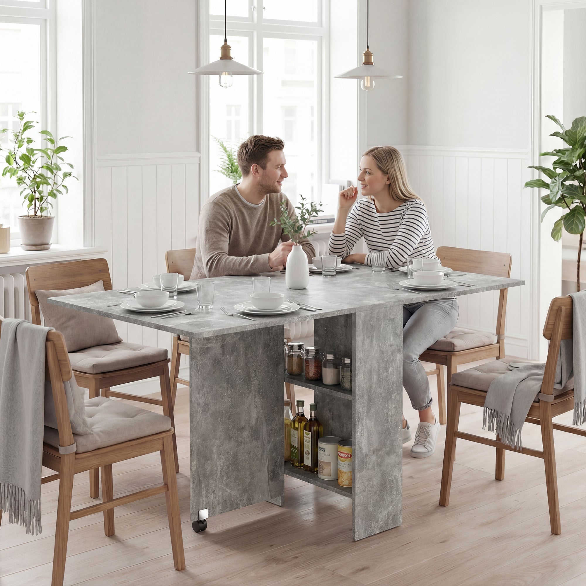 HOMCOM Folding Dining Table, Drop Leaf Table for Small Spaces with 2-tier Shelves, Small Kitchen Table with Rolling Casters, Cement Grey