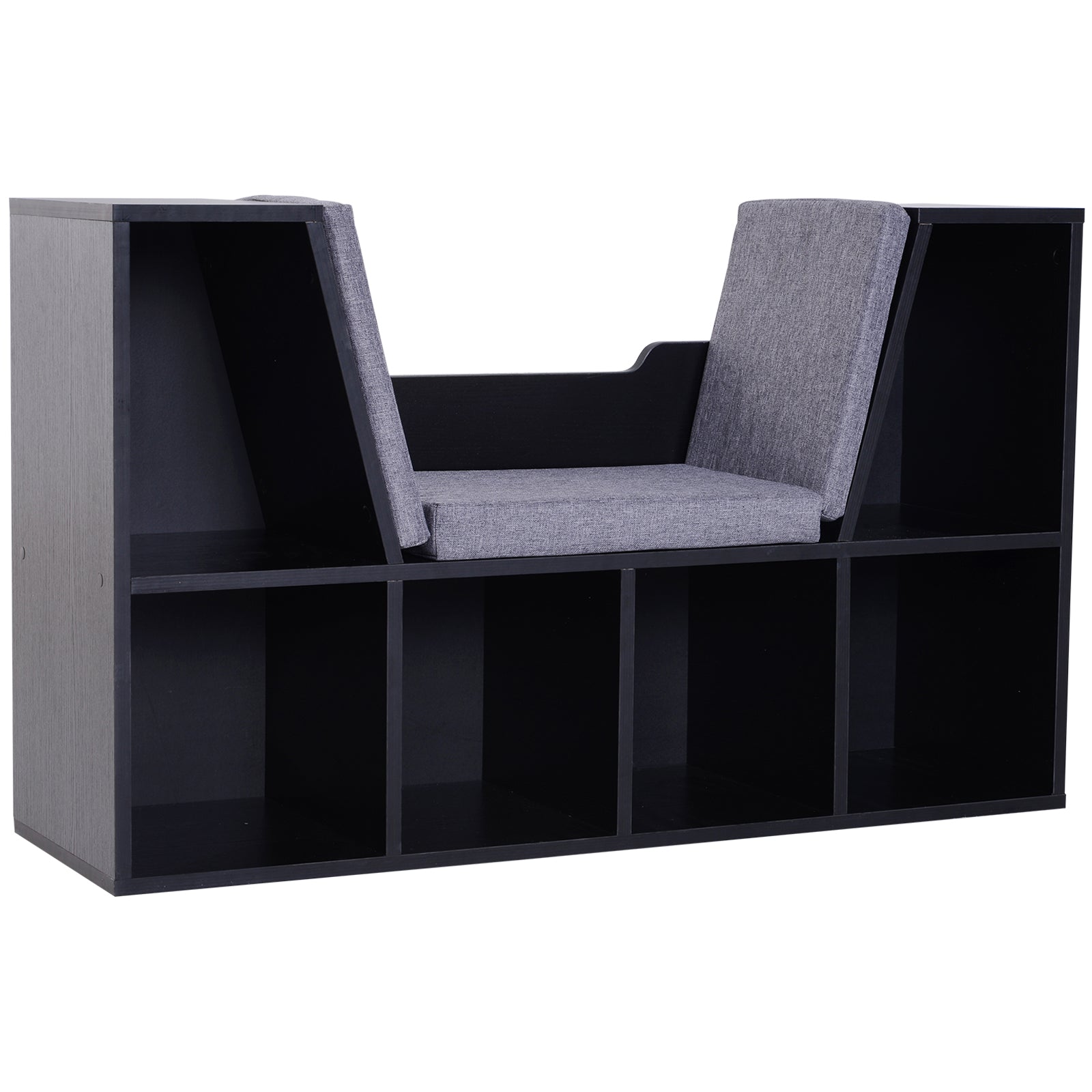 HOMCOM Bookcase Storage Shelf with Cushioned Reading Seat, Cube Bookshelf Organizer for Bedroom Living Room, Black - North Peak Garden Furniture