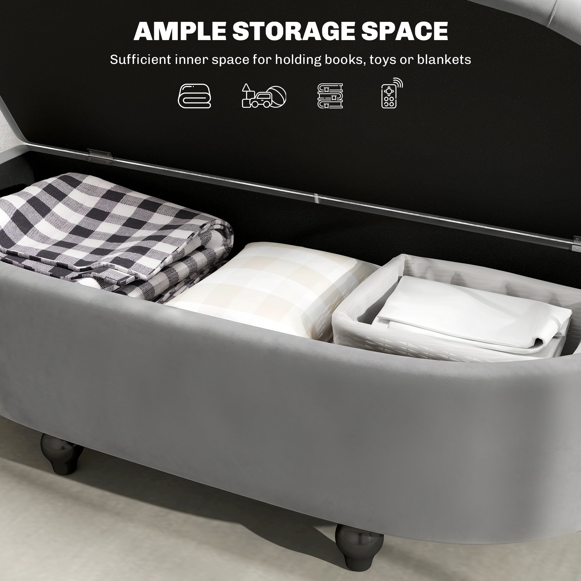 HOMCOM Velvet-Feel Half Circle Storage Ottoman - Dark Grey