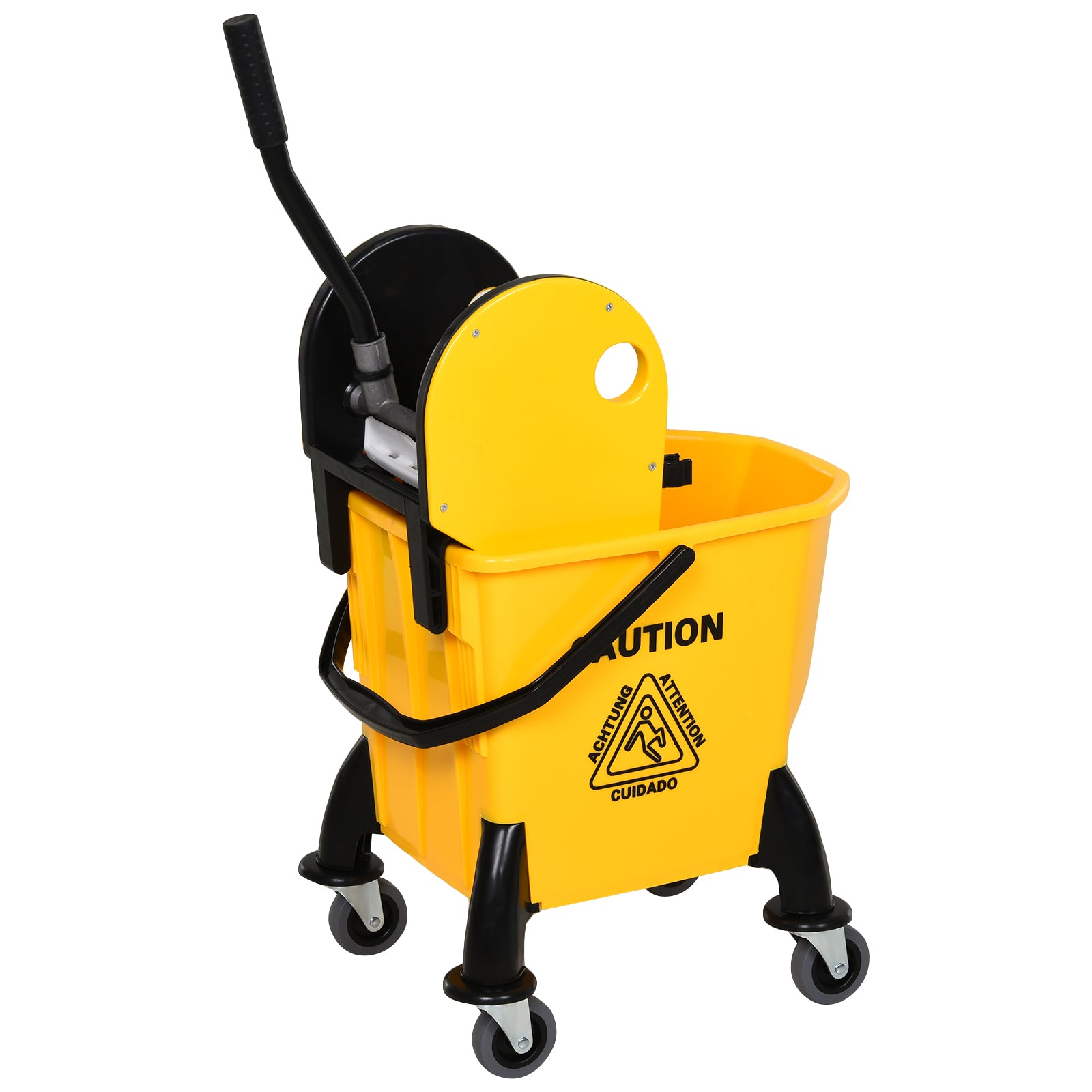HOMCOM 26L Mop Bucket & Water Wringer w/ 4 Wheels Plastic Body Metal Handle Pole Holder Home Commercial Cleaning Floor Cart Yellow - North Peak Garden Furniture