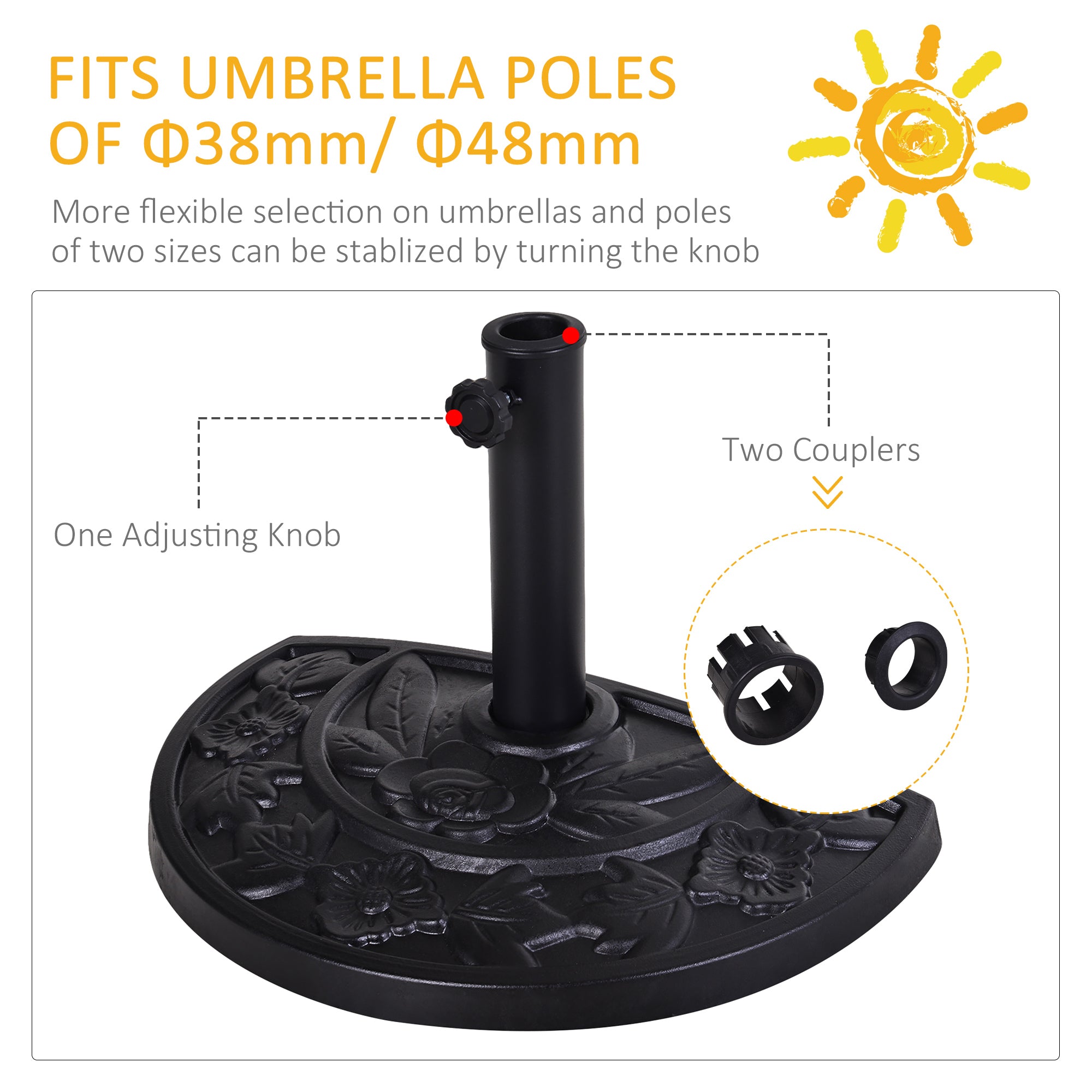 Outsunny 9kg Resin Parasol Base, Half Round Umbrella Stand with Floral Design for Garden, Outdoor, Suitable Umbrella Rod: Φ3.8cm, Φ4.8cm, Black - North Peak Garden Furniture