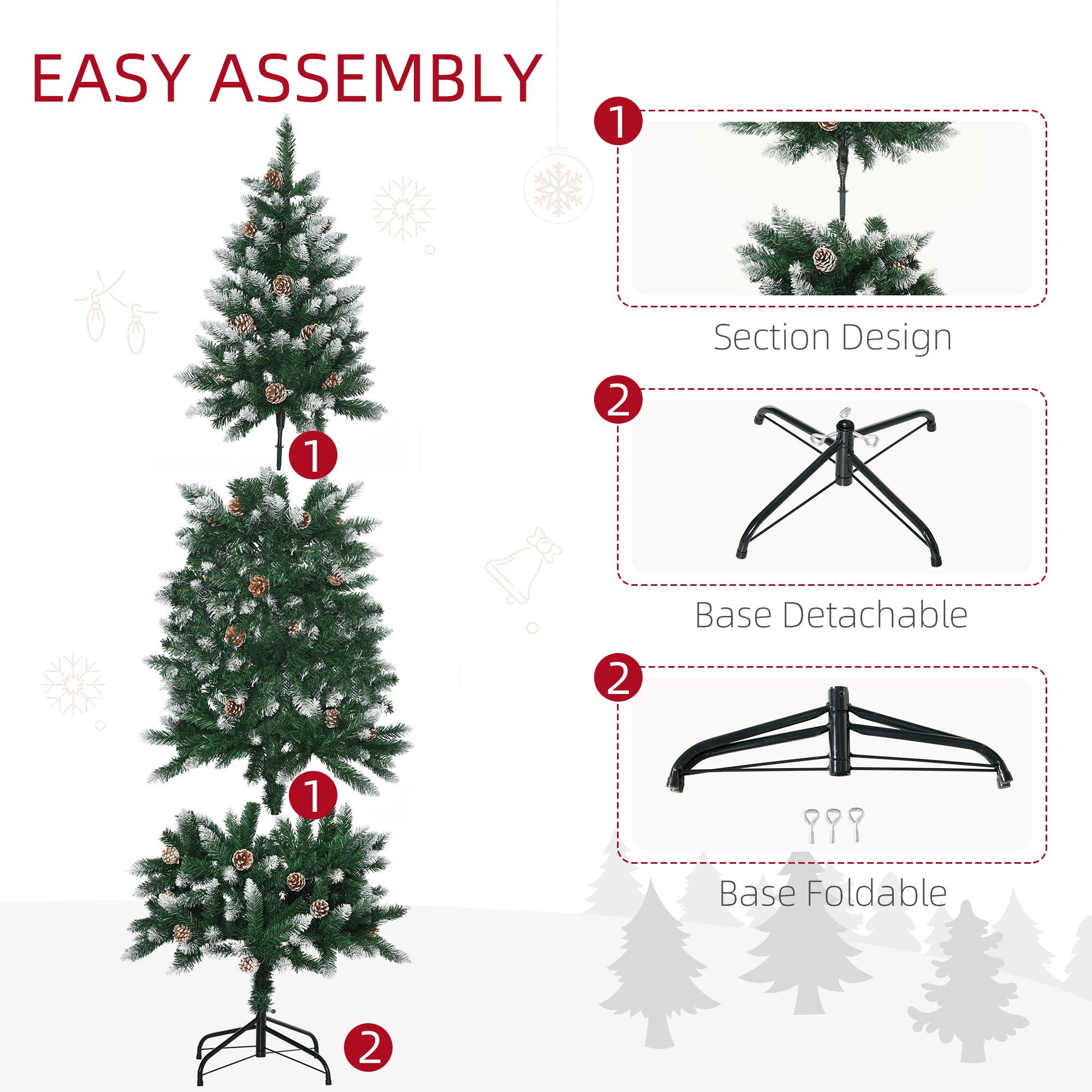 HOMCOM 6 Ft Snow Artificial Christmas Tree with Realistic Branches, Pine Cone, for Indoor Decoration, Green White - North Peak Garden Furniture