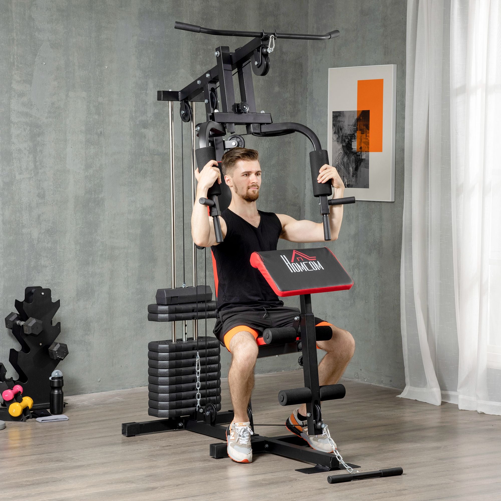 HOMCOM Multigym Station, with 66KG Weight Stack, for Strength Training - Red & Black