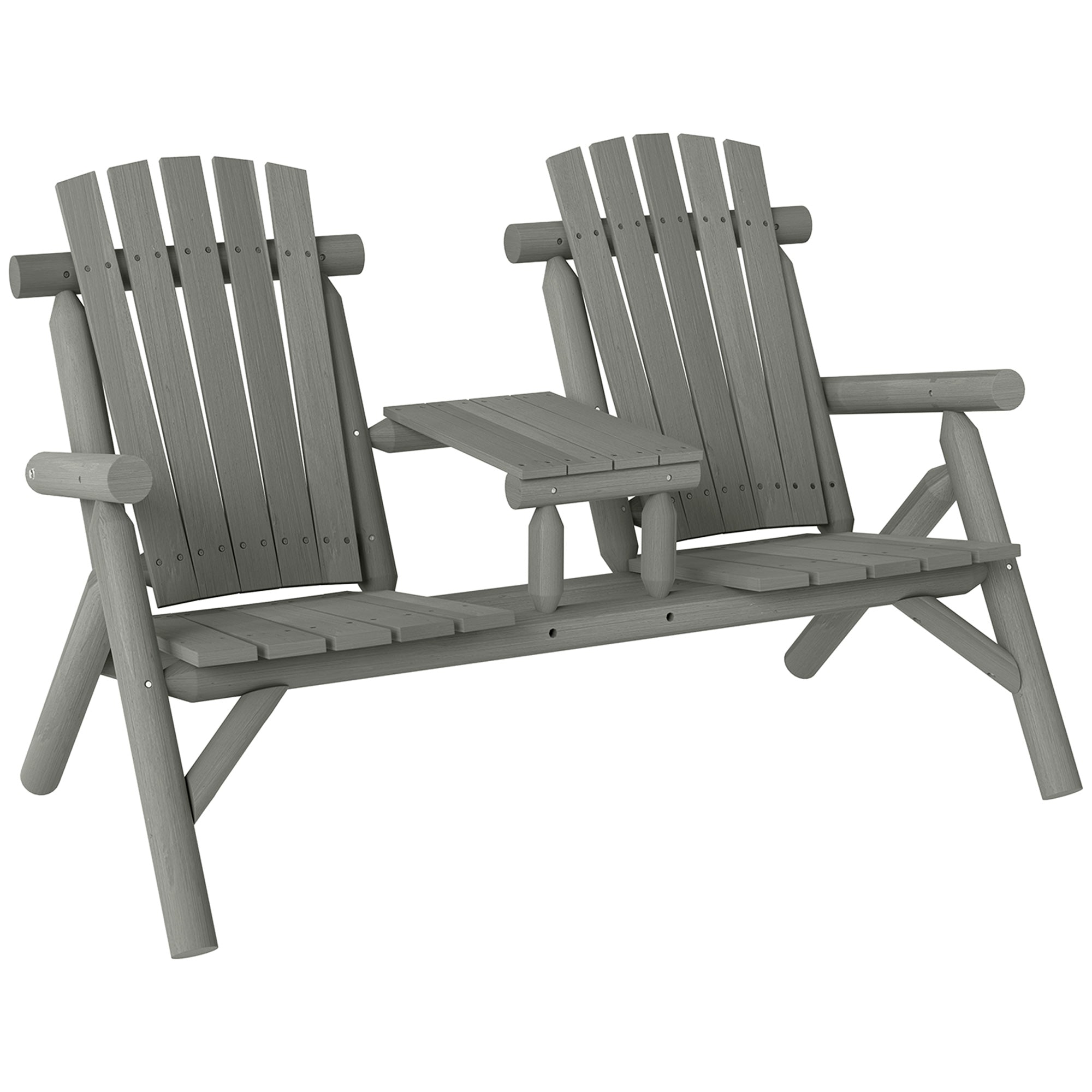 Outsunny Wood Patio Chair Bench 2 Seats w/ Centre Coffee Table, Garden Bench, Grey - North Peak Garden Furniture