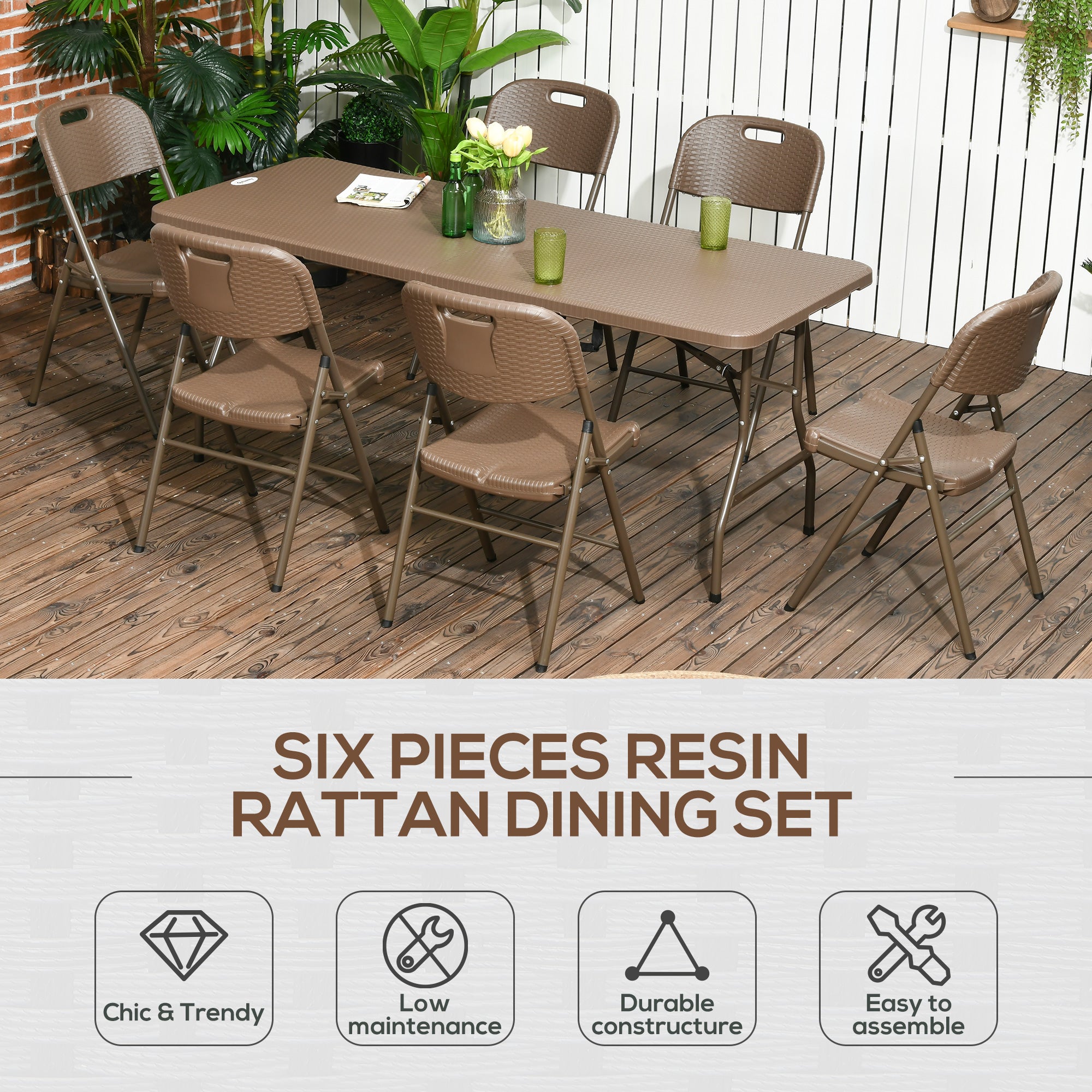 Outsunny 6 Seater Rattan Dining Set, HDPE Molding Rattan Garden Furniture Set, Outdoor Dining Table and Chairs with 6 Armchairs, Rectangular Plastic Top Table for Patio, Balcony, Dark Brown - North Peak Garden Furniture