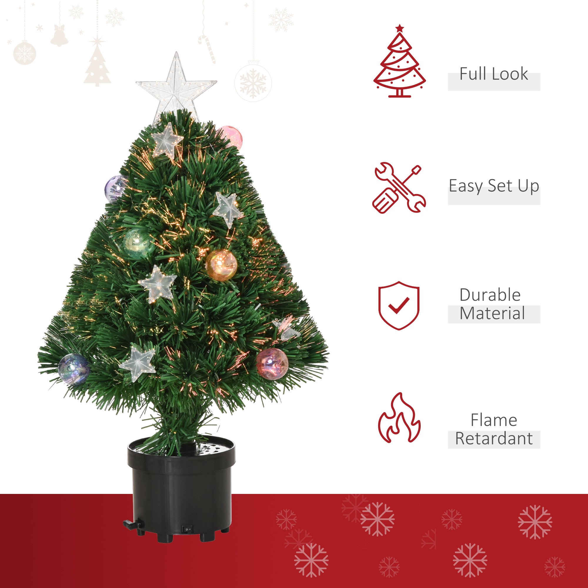 HOMCOM 2FT Pre-lit Artificial Christmas Tree Tabletop Multicoloured Fibre Optic Xmas Decoration w/ LED Lights Pot Table Desk - Green - North Peak Garden Furniture