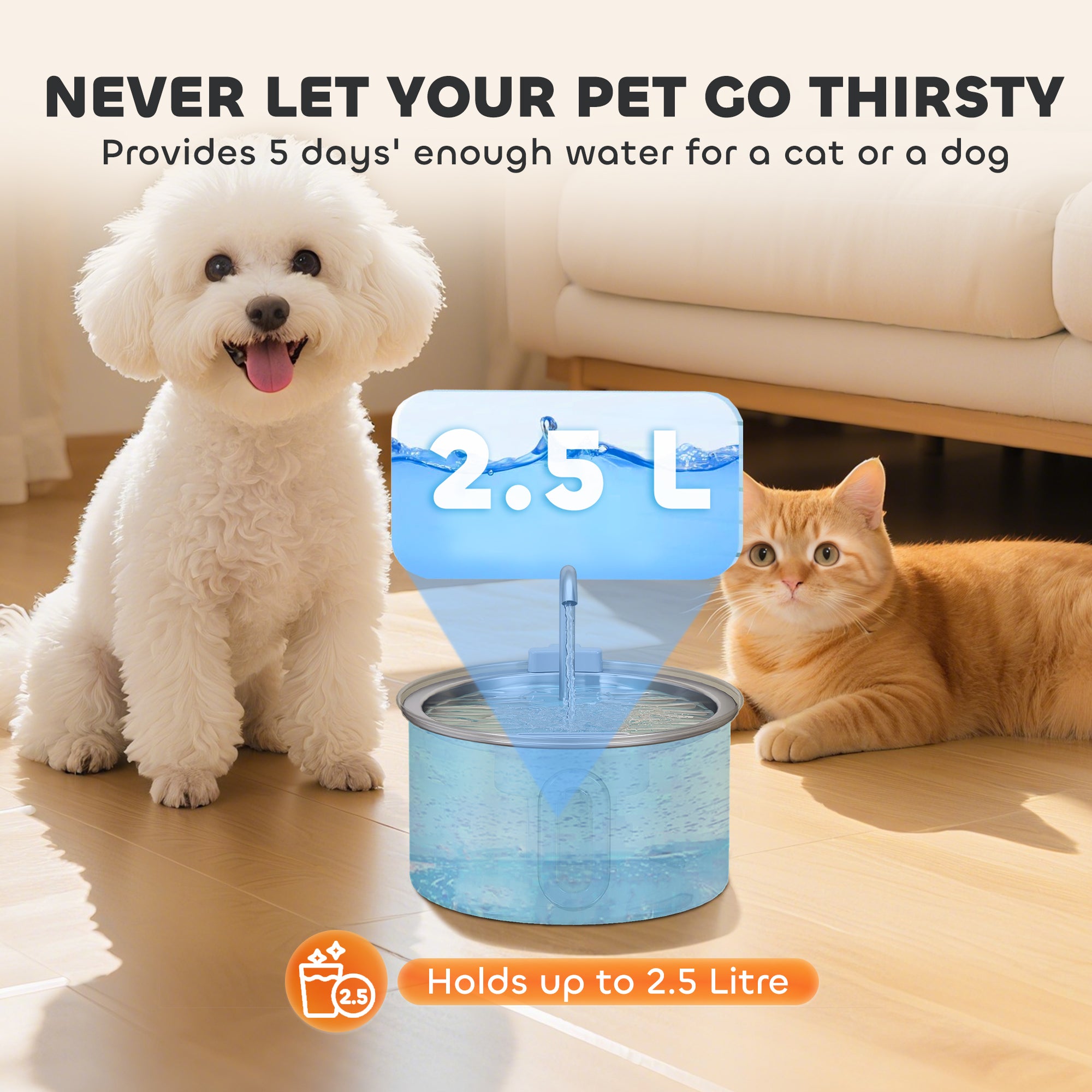PawHut 2.5L Stainless Steel Cat Water Fountain for Drinking with Ultra-Silent Pump, Water-Level Window, Filters - North Peak Garden Furniture