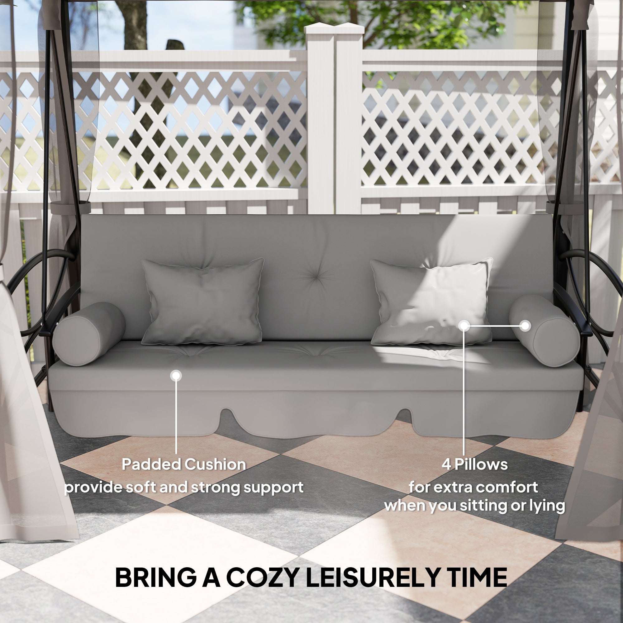 Outsunny 3 Seater Convertible Swing Chair, Outdoor Gazebo Swing Seat Bed with Double Tier Canopy, Cushioned Seat, Mesh Sidewalls, Light Grey