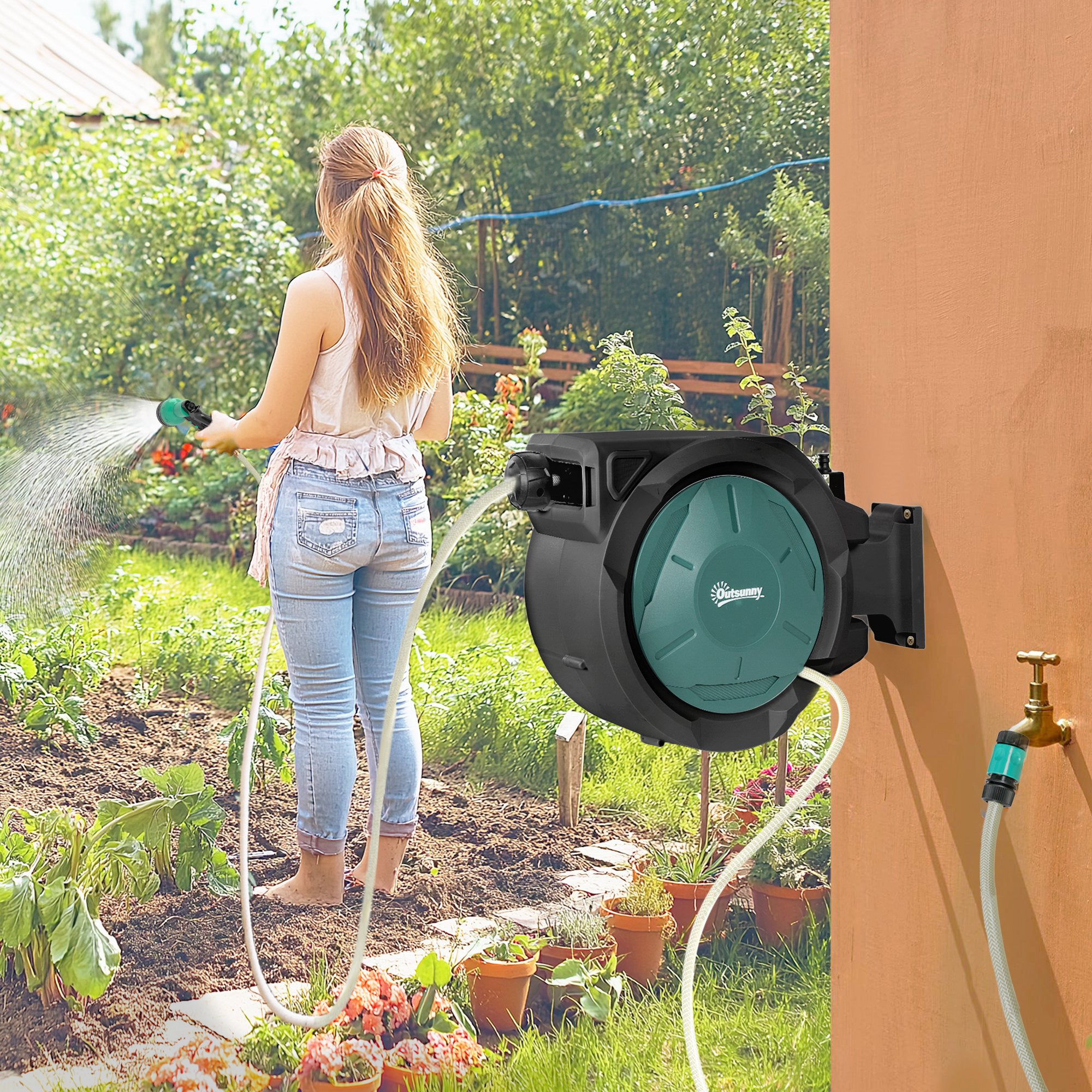 Outsunny Retractable Hose Reel Wall Mounted, 20+2m Garden Hose Pipe Reel with Lock, Auto Rewind, 7 in 1 Spray Nozzle, Includes Wall Fixings, 180° Swivel, Outdoor Watering, 59 x 20 x 39 cm, Black