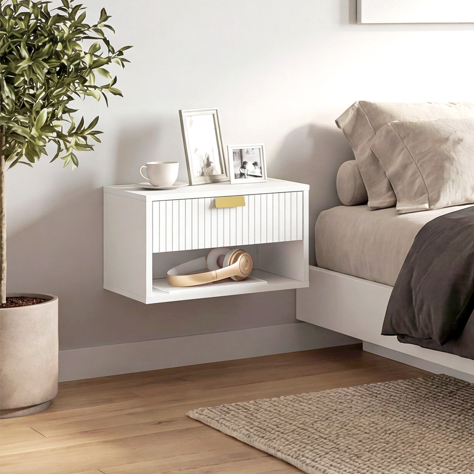 HOMCOM Set of 2 Wall Mounted Nightstands, Floating Bedside Tables with Fluted Drawer and Open Shelf for Small Bedroom, White