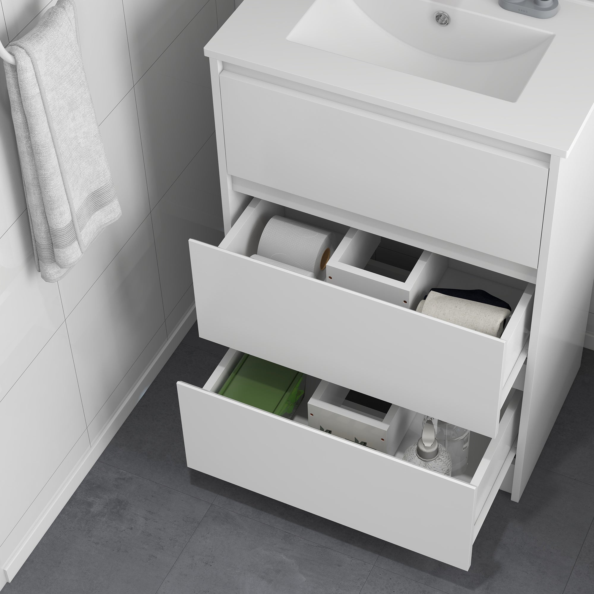 kleankin 600mm Bathroom Vanity Unit with Basin and Single Tap Hole, High Gloss White Floor Standing Bathroom Sink Unit with 2 Drawers - North Peak Garden Furniture