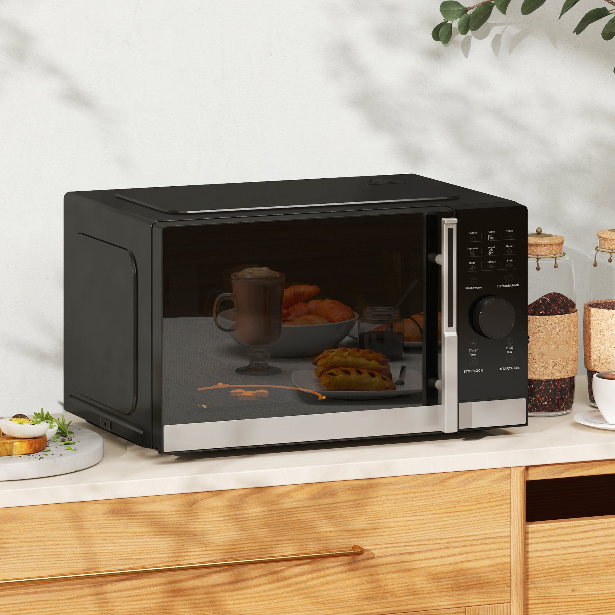 HOMCOM 23L 800W Microwave Oven, Digital Solo Microwave with 10 Power Levels, Automatic Defrost, 8 Auto Cook Menus, 60 Minutes Timer, Eco Mode, Clock, Easy Clean, Small Black Microwave - North Peak Garden Furniture