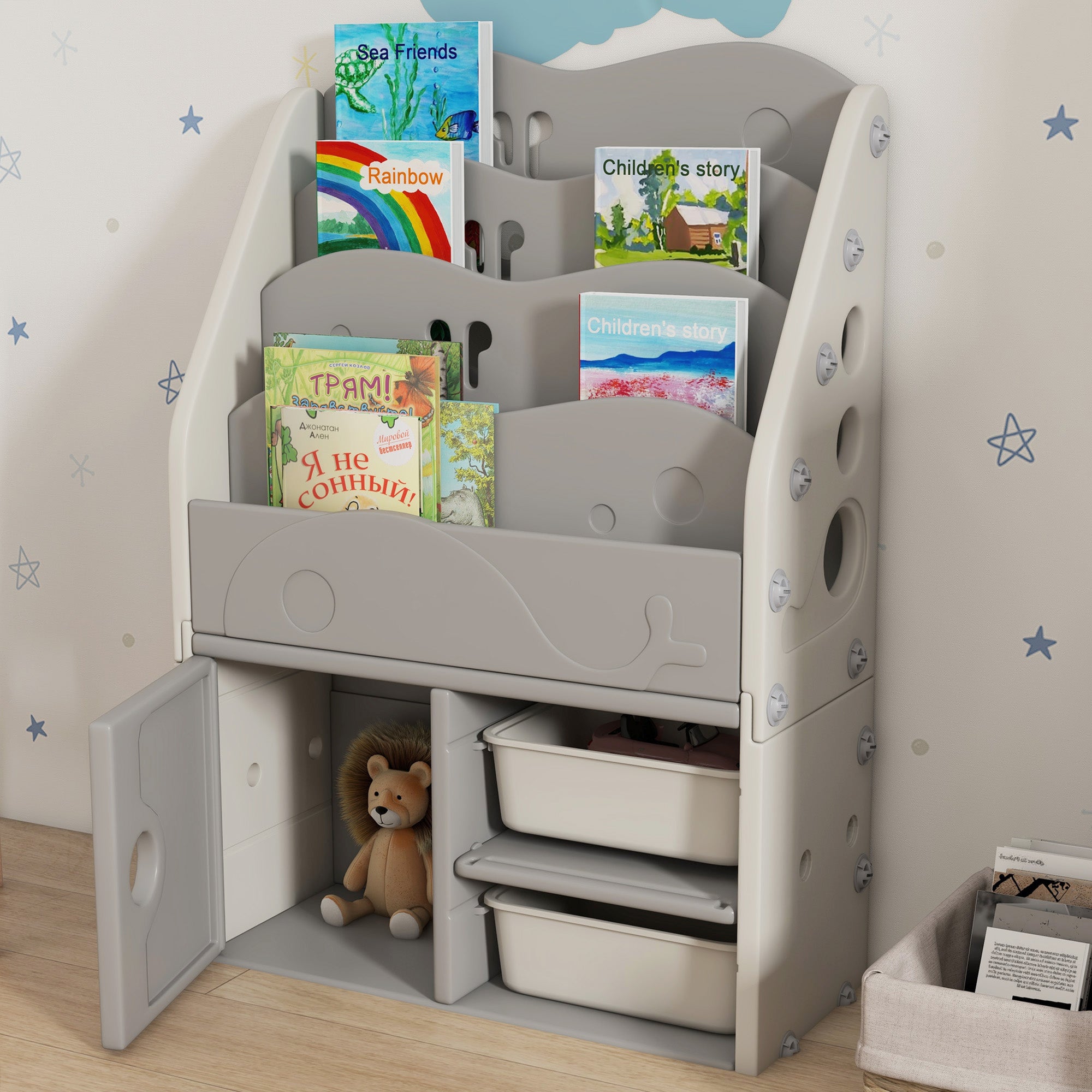 AIYAPLAY Kids Storage Units with 2 Storage Boxes, 4 Tier Bookshelf, Cabinet, 67 x 29 x 98cm Light Grey