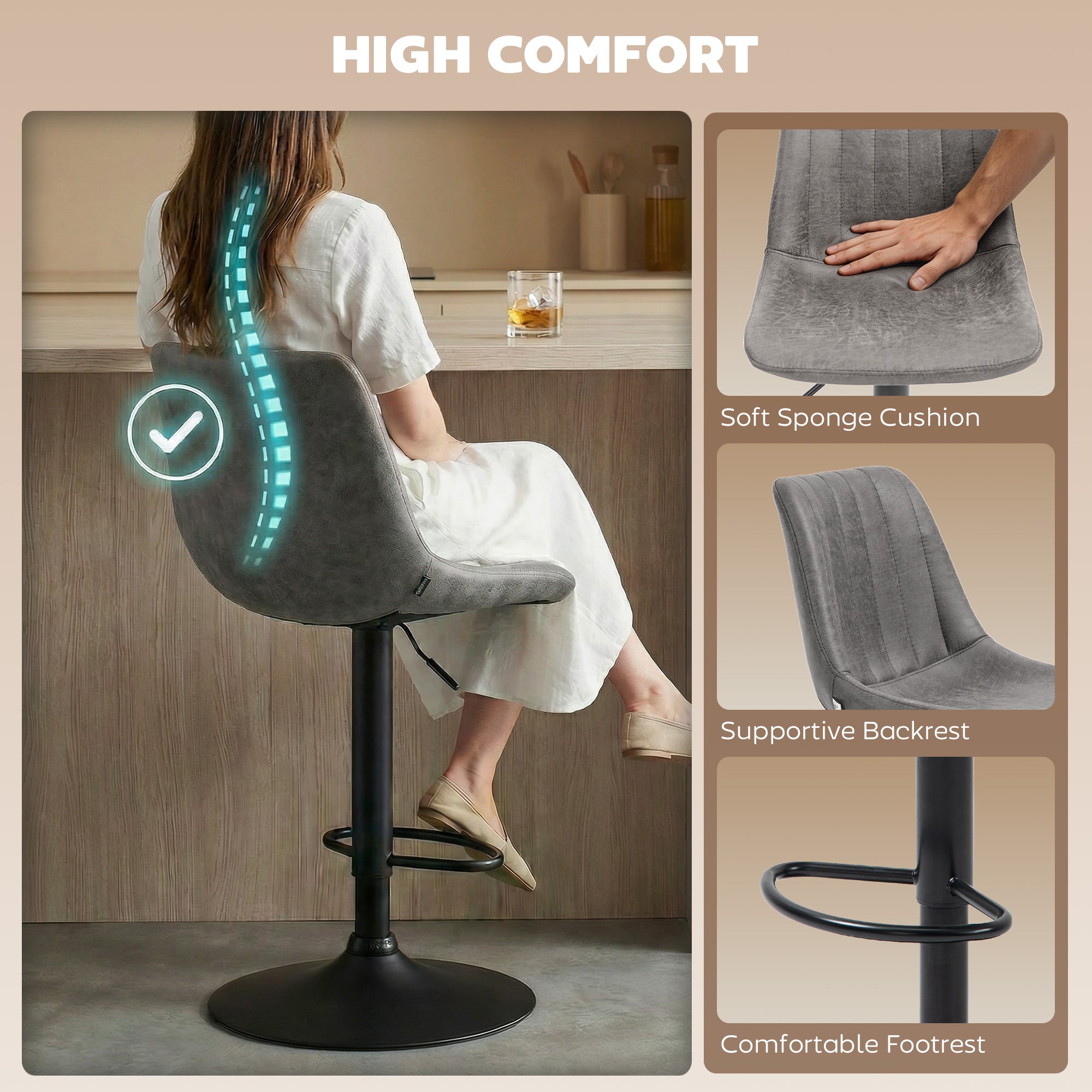 HOMCOM Adjustable Bar Stools Set of 2 Counter Height Barstools Dining Chairs 360° Swivel with Footrest for Home Pub, Grey