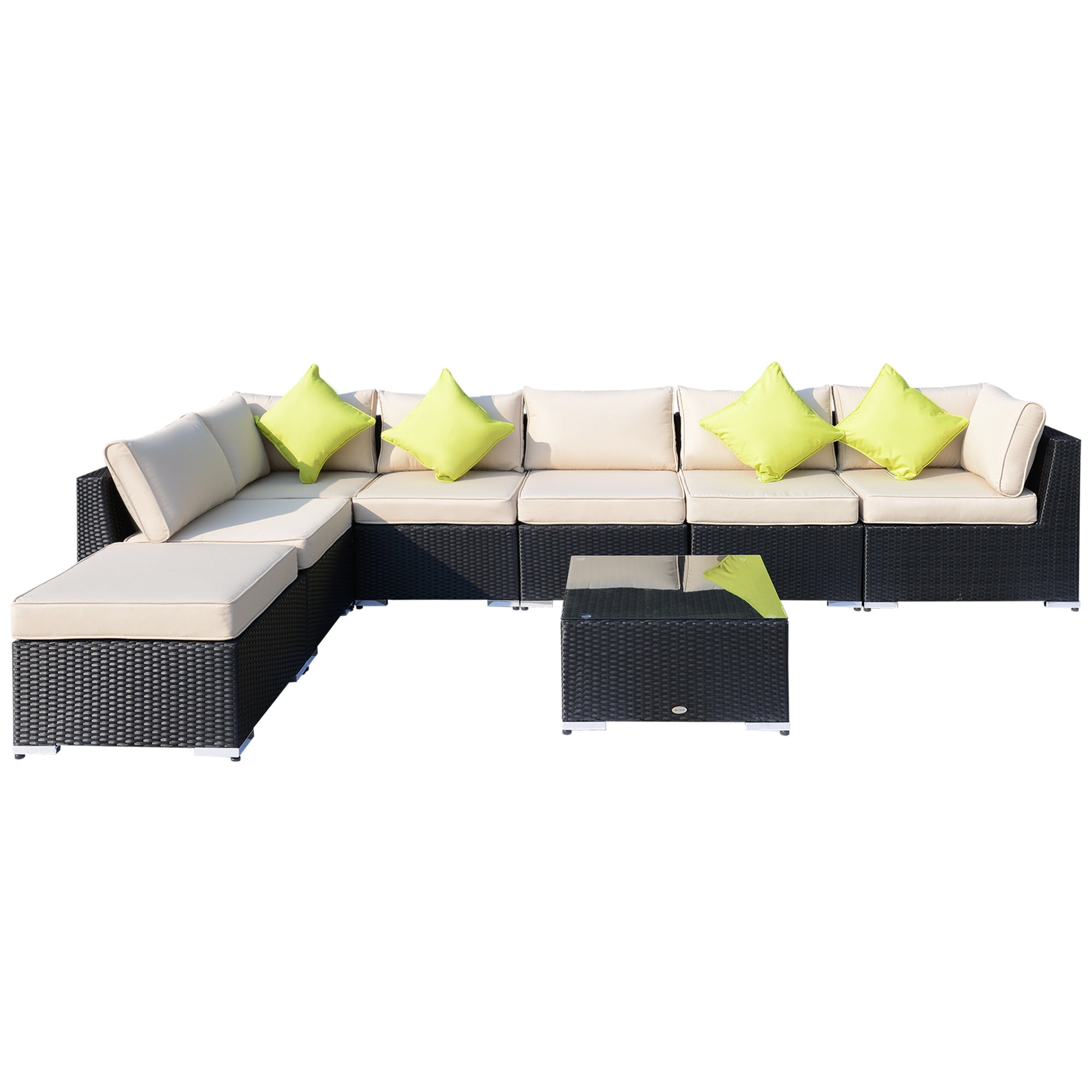 Outsunny 8 Pieces PE Rattan Corner Sofa Set with Thick Cushions, Aluminium Outdoor Rattan Garden Furniture Set with Glass Top Table, No Assembly Required, Black - North Peak Garden Furniture
