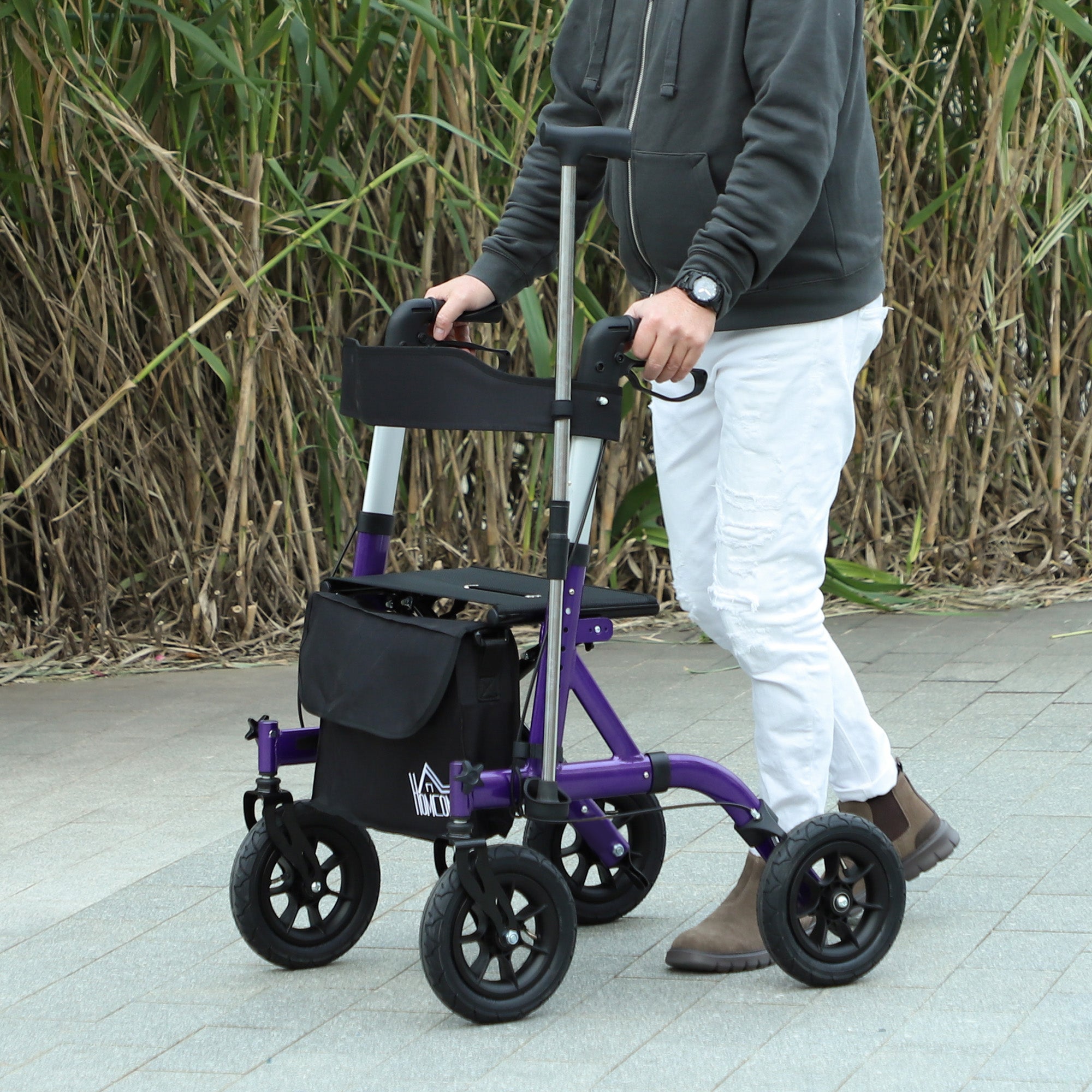 HOMCOM Folding Rollator Walker with Seat, Backrest, Lightweight Walking Frame with Storage Bag, Dual Brakes, All-terrain Wheels, Adjustable Handle Height, 4 Wheeled Walker for Seniors, Purple - North Peak Garden Furniture