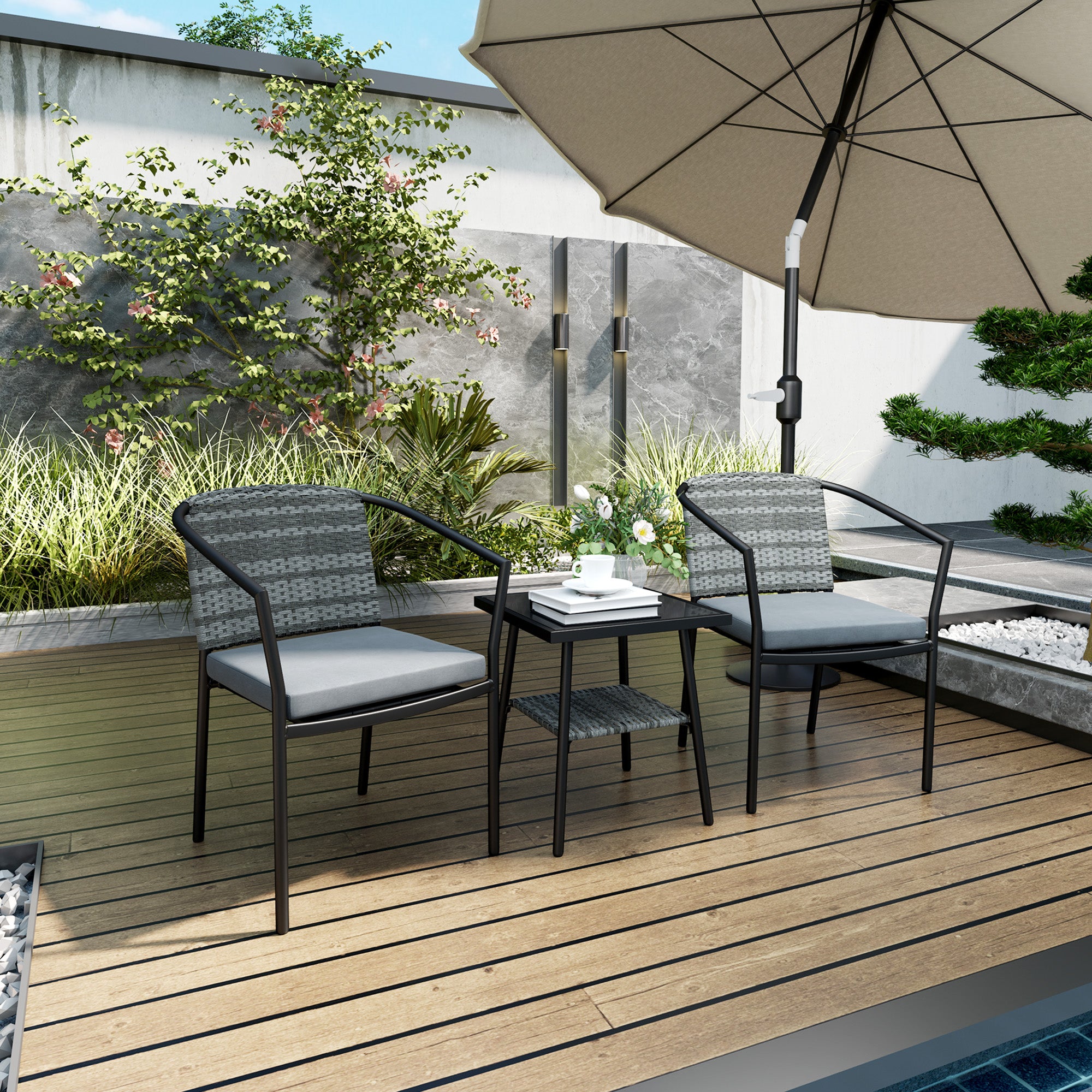 Outsunny 3 Pieces Rattan Bistro Set with Cushions, Wicker Garden Furniture Set, Glass Top Coffee Table and Chairs for Outdoor Patio, Balcony, Terrace and Conservatory, Grey - North Peak Garden Furniture