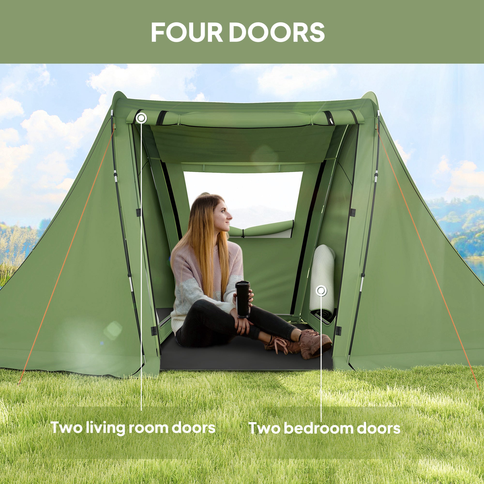 Outsunny 3 Man Camping Tent with Living Area and 2 Bedrooms, 3000mm Waterproof Family Tent with Sewn-in Groundsheet, Portable with Bag for Hiking, Festival, Backpacking, Green