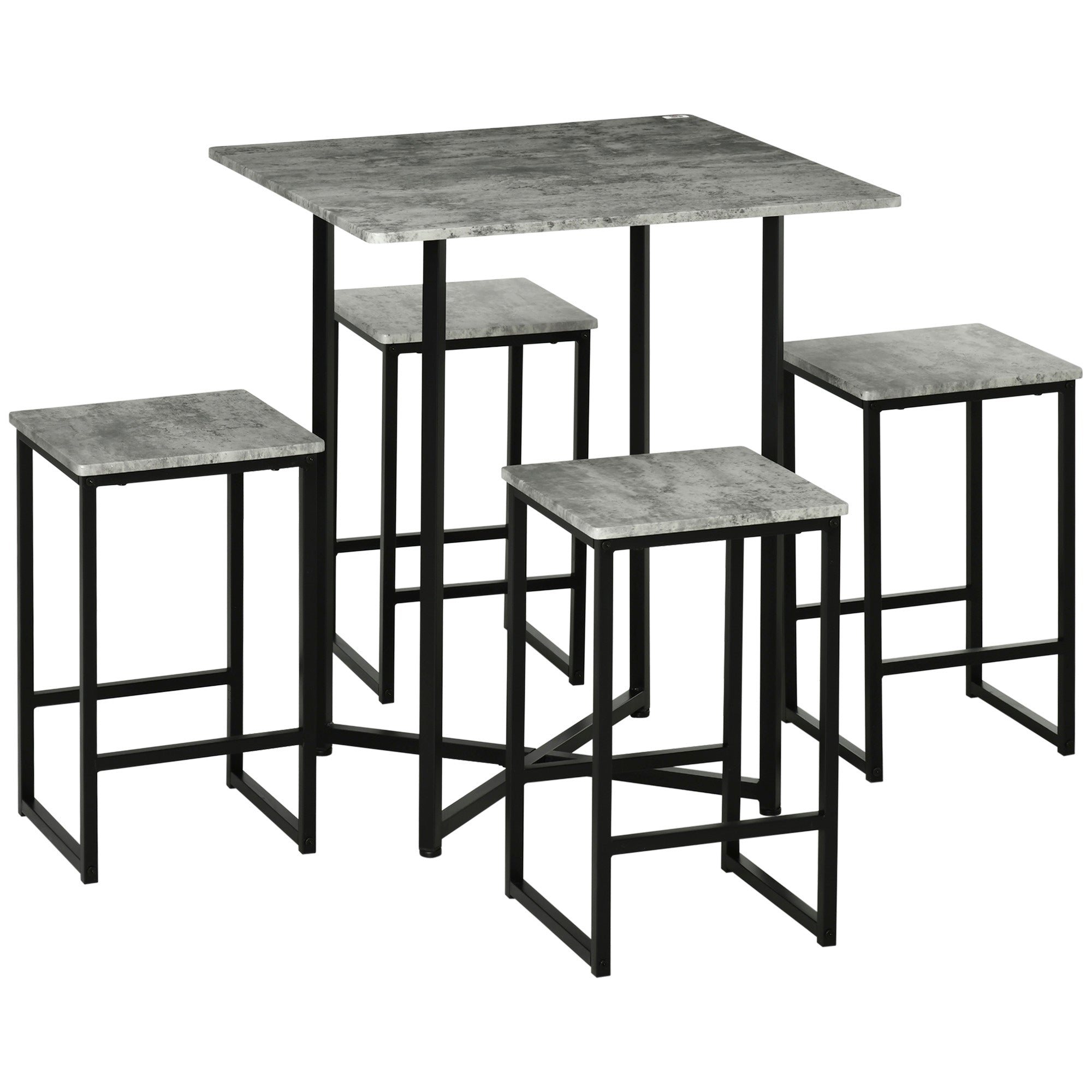 HOMCOM 5pc Bar Table Set, Square Dining Table Set for 4 People, Home Kitchen Breakfast Bar Set with Steel Frame and Footrest, Concrete Grey - North Peak Garden Furniture