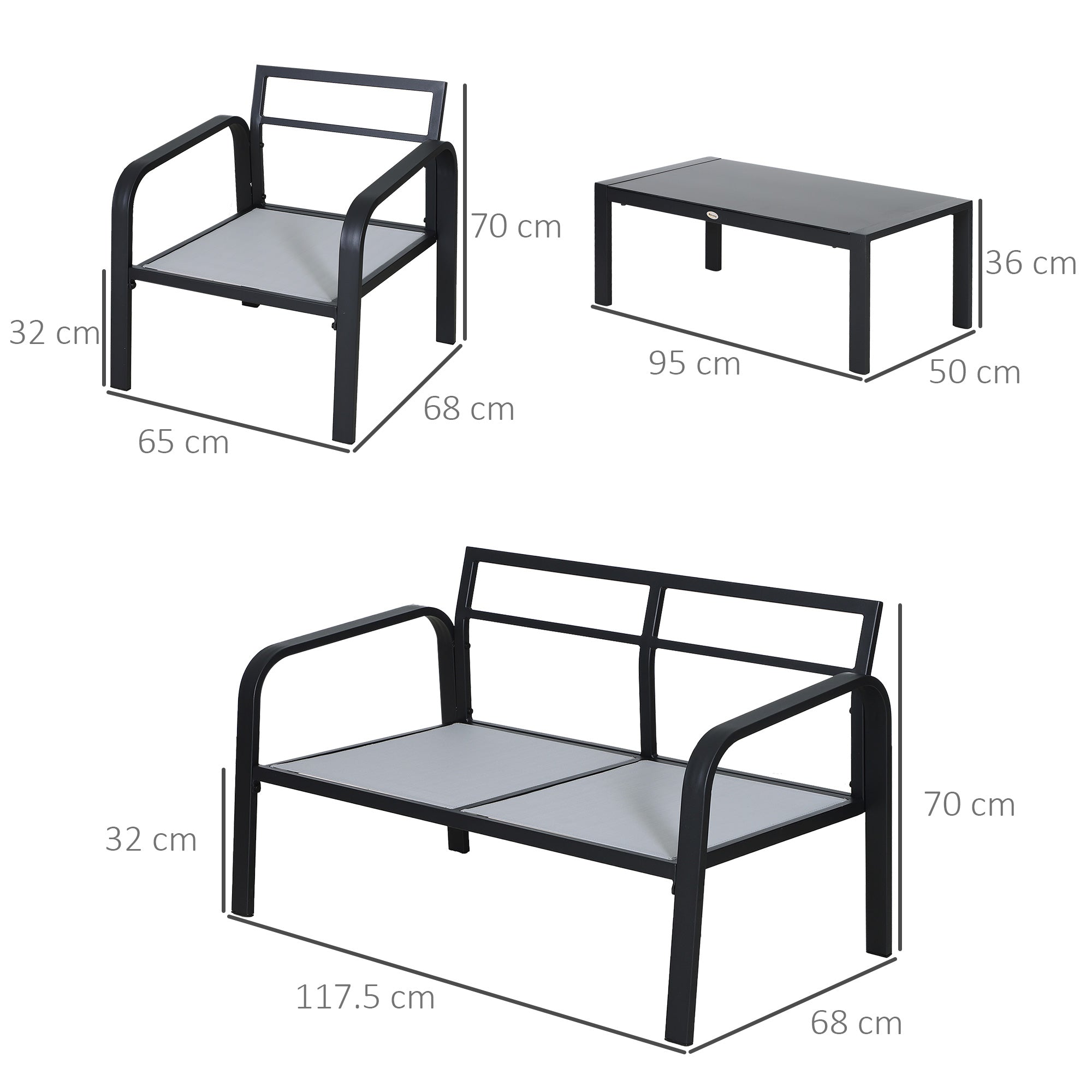 Outsunny 4pcs Garden Sofa Set 2 Single Armchair, 1 Bench & 1 Coffee Table Set Aluminum Frame Patio Furniture with Cushions, Black - North Peak Garden Furniture