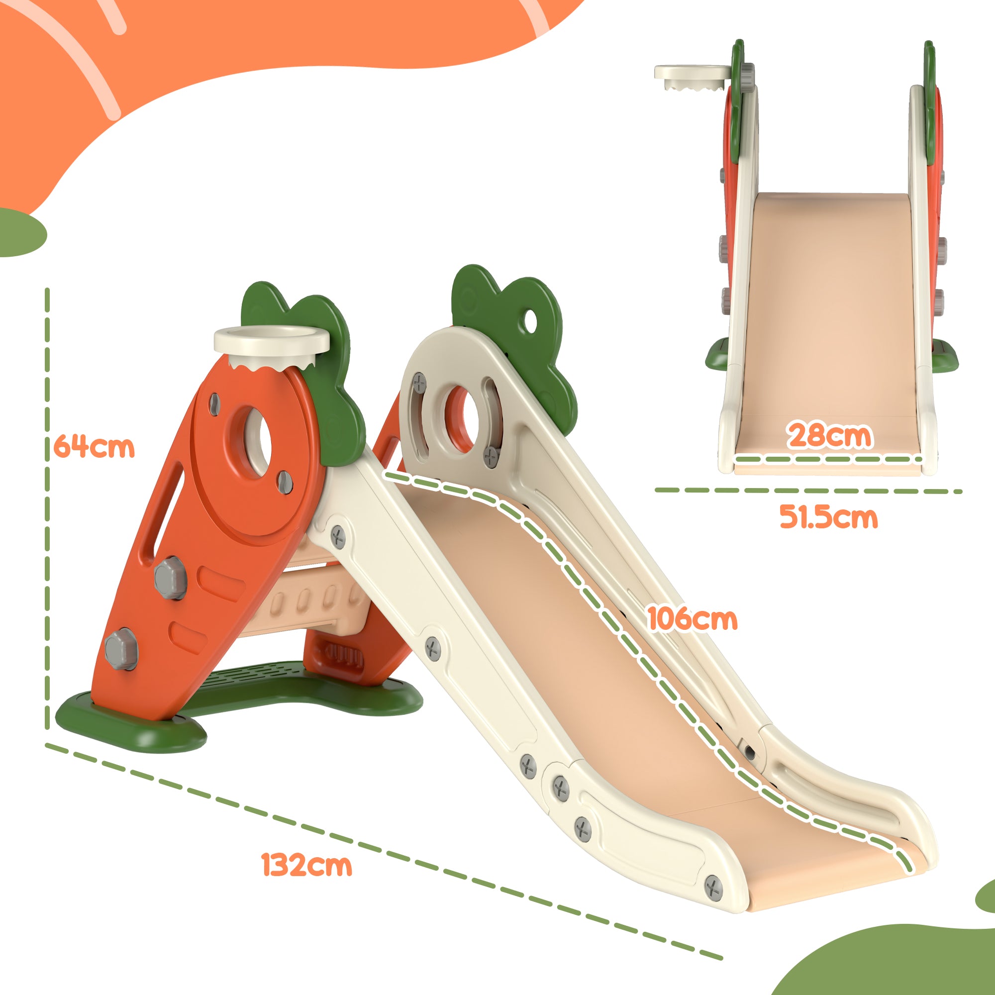AIYAPLAY 3 in 1 Foldable Toddler Slide with Basketball Hoop, Climber, Carrot-themed, for 1-3 Years - North Peak Garden Furniture