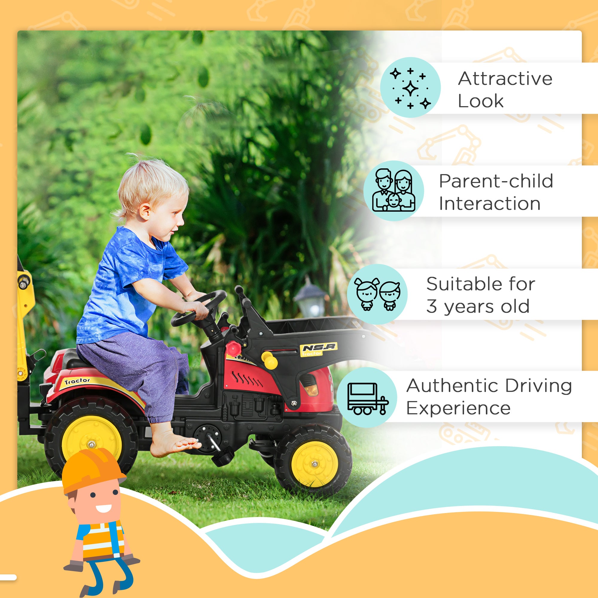HOMCOM Kids Children Pedal Go Kart Ride On Toy Car Excavator Tractor w/ Moving Bucket Steering Wheel Removable Digger For 3 - 6 Years - North Peak Garden Furniture