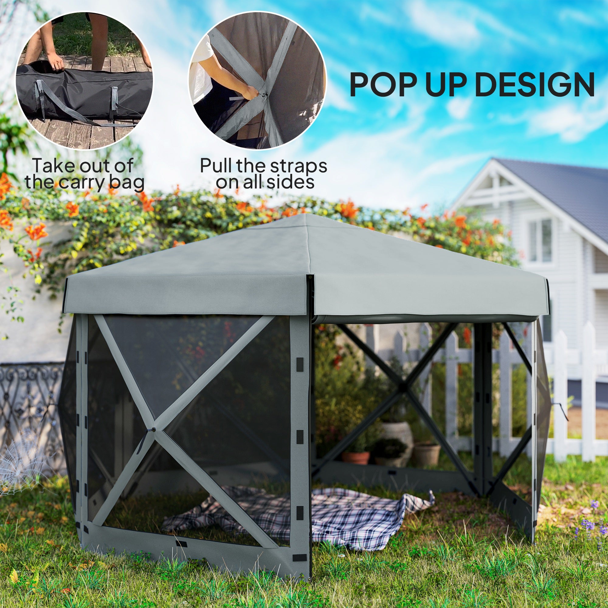 Outsunny 3 x 3(m) Hexagon Pop Up Gazebo with 5 Sides and Carry Bag, Waterproof, UV Resistant Party Tent Instant Event Shelter with Netting for Garden, Patio, Light Grey - North Peak Garden Furniture