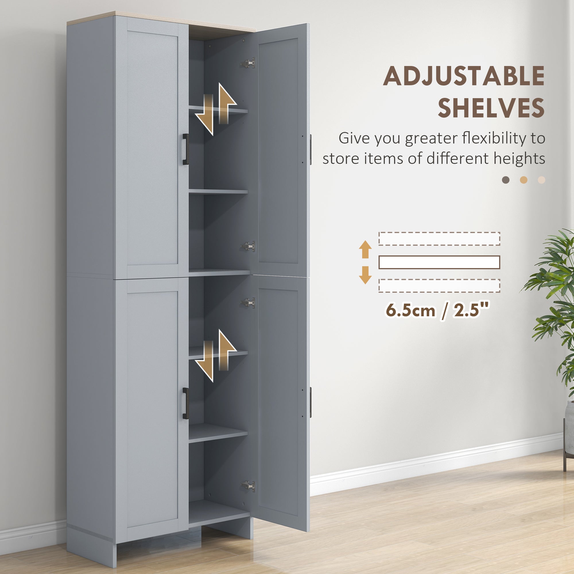 HOMCOM Freestanding Kitchen Cupboard, 4-Door Storage Cabinet Organizer with Adjustable Shelves Grey - North Peak Garden Furniture