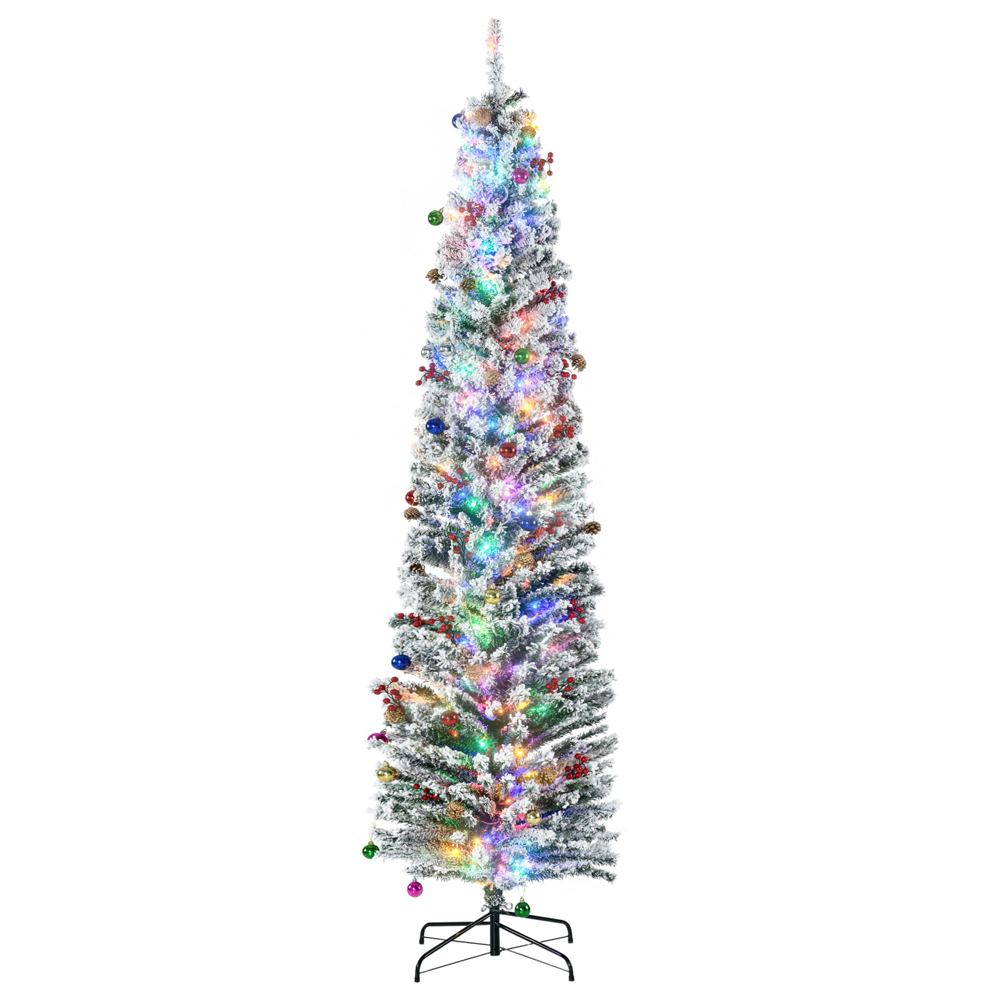 HOMCOM 7.5' Artificial Prelit Christmas Trees Holiday Décor with Colourful LED Lights, Flocked Tips, Berry, Pine Cone - North Peak Garden Furniture