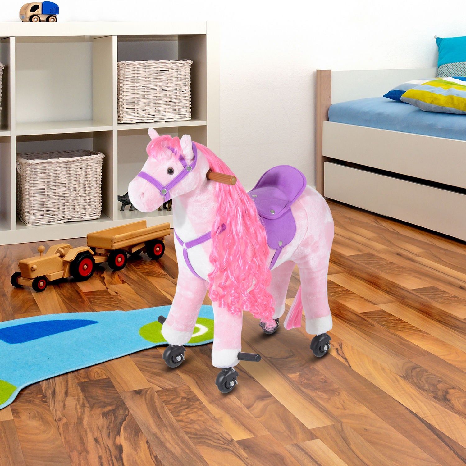HOMCOM Plush Walking Horse Ride On Toy with Wheels and Realistic Sounds Rocking Horse for Girls Boys 3+ Years Old, 50cm Tall, Pink - North Peak Garden Furniture