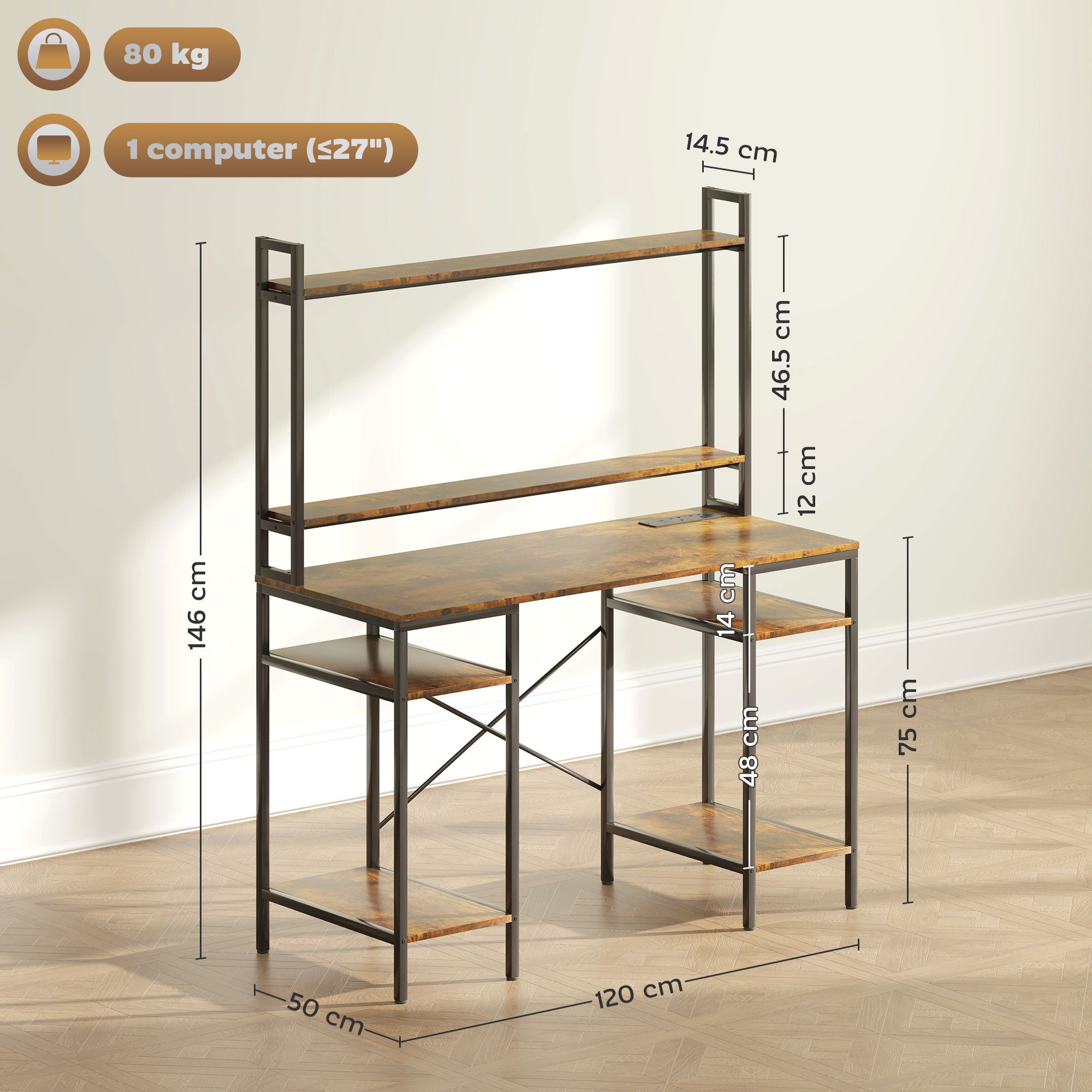 HOMCOM Computer Desk with Power Outlets and LED Lights, Home Office Desk with Monitor Stand and 2 CPU Stands, Study Table Gaming Desk with Hutch, Rustic Brown - North Peak Garden Furniture