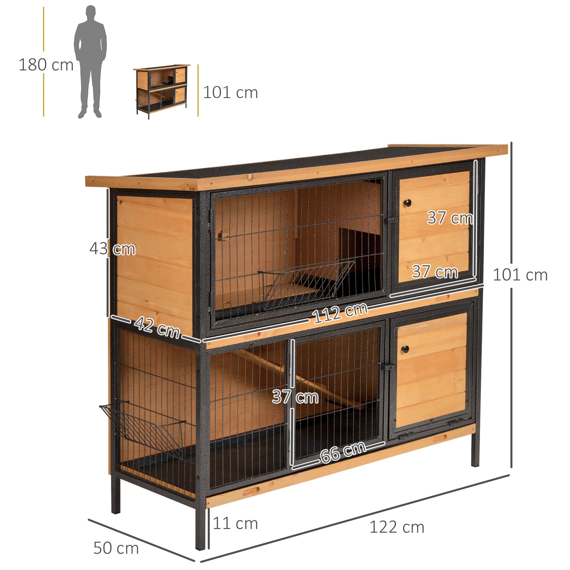 PawHut Rabbit Hutch Outdoor Guinea Pig Hutch Bunny Cage Metal Frame with No-Leak Tray Openable Roof Light Yellow 122 x 50 x 101cm - North Peak Garden Furniture