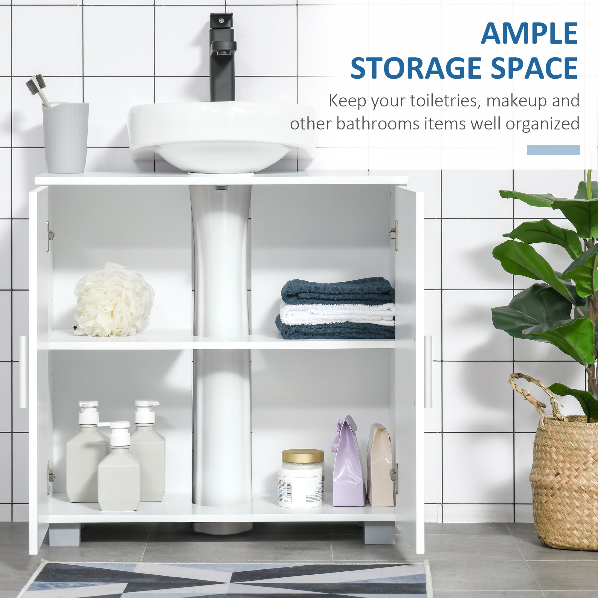 kleankin Pedestal Under Sink Cabinet, Modern Bathroom Vanity Unit, Storage Cupboard with Double Doors, Adjustable Shelf, White - North Peak Garden Furniture