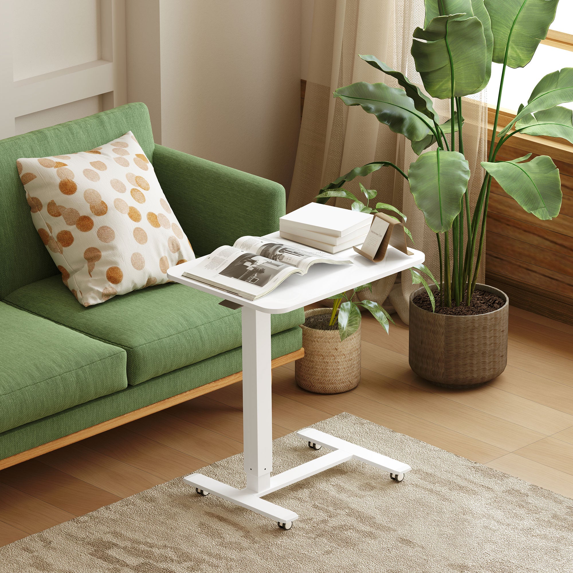 HOMCOM Height Adjustable Standing Desk, Pneumatic Sit Stand Desk for Laptop, Mobile Overbed Table with Wheels for Home Office, White