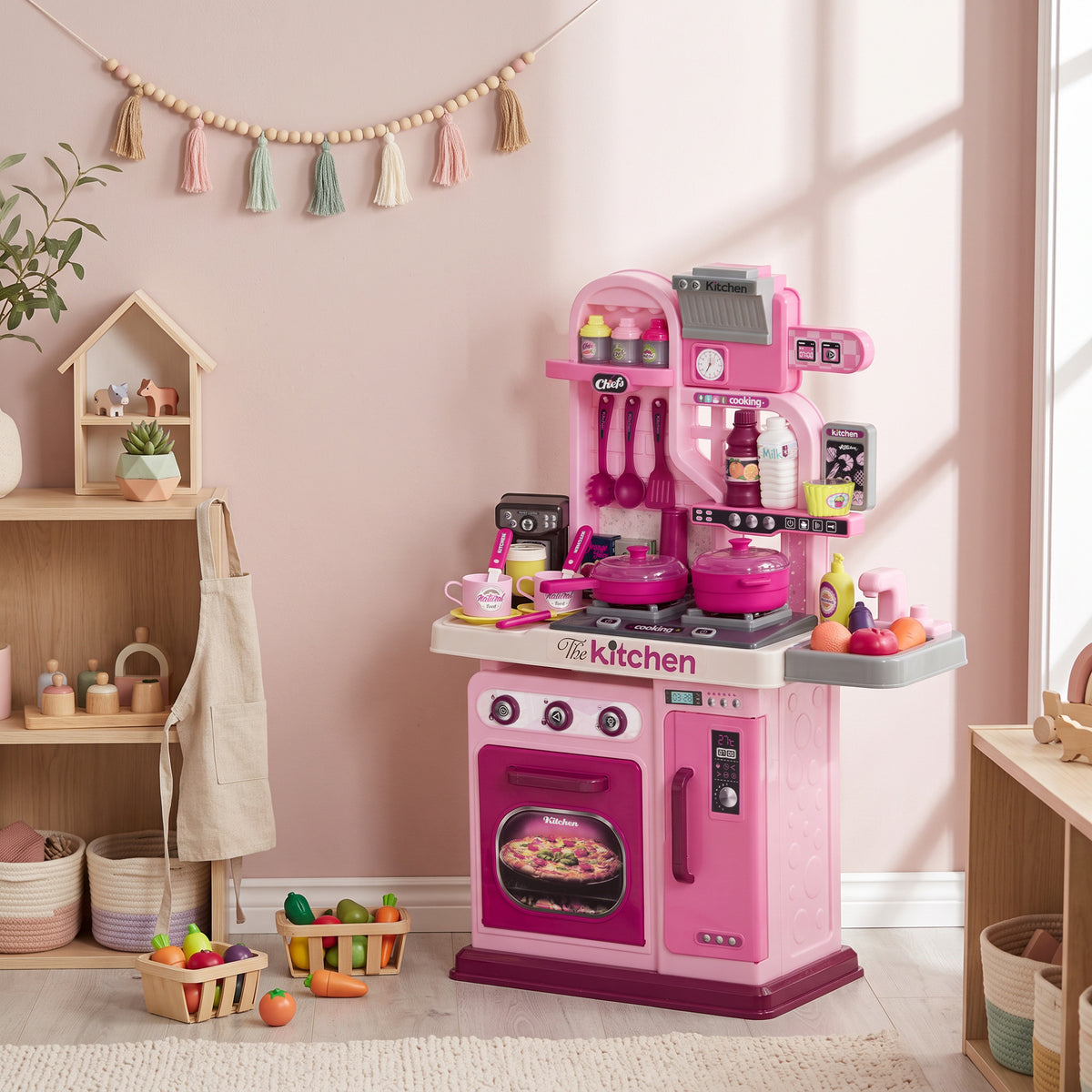 AIYAPLAY Kids Kitchen with 33 Pieces, Lights, Sounds, Storage, for Ages 3-6 Years, Pink