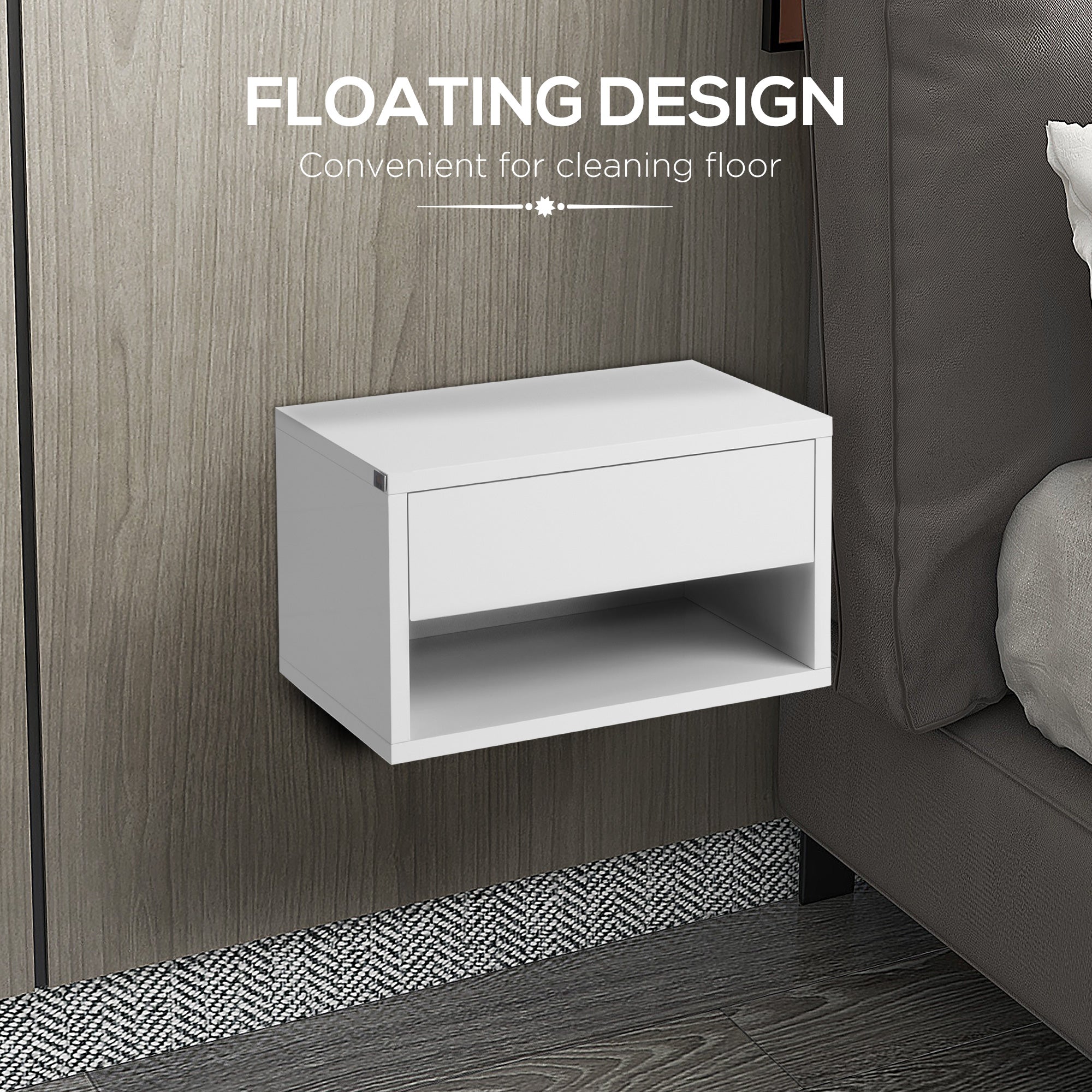 HOMCOM 2 Pieces Bedside Table Wall Mounted Nightstand with Drawer and Shelf for Bedroom, 37 x 32 x 21cm, High Gloss White - North Peak Garden Furniture