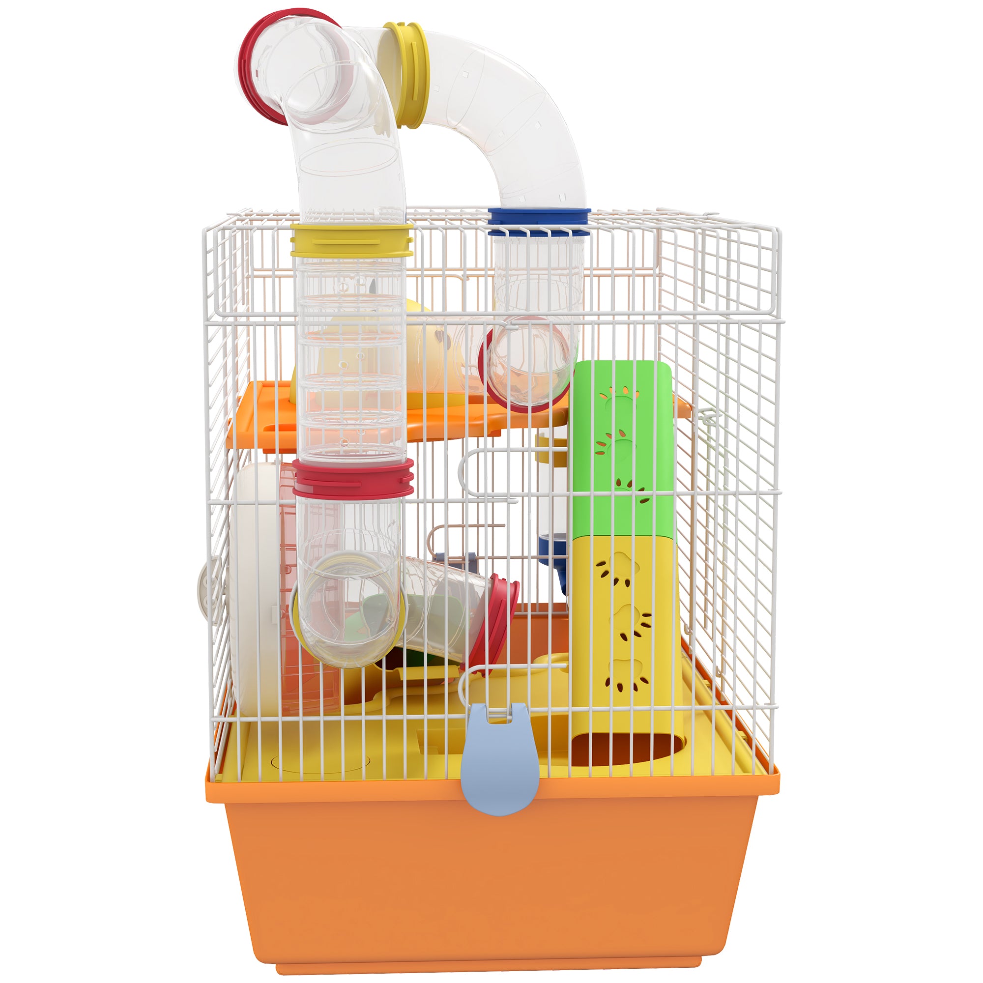 PawHut 3 Tiers Gerbil Cage, Hamster Cage with Tubes, Exercise Wheel, Ladder, Top Handle, 45 x 28 x 37cm - Orange - North Peak Garden Furniture