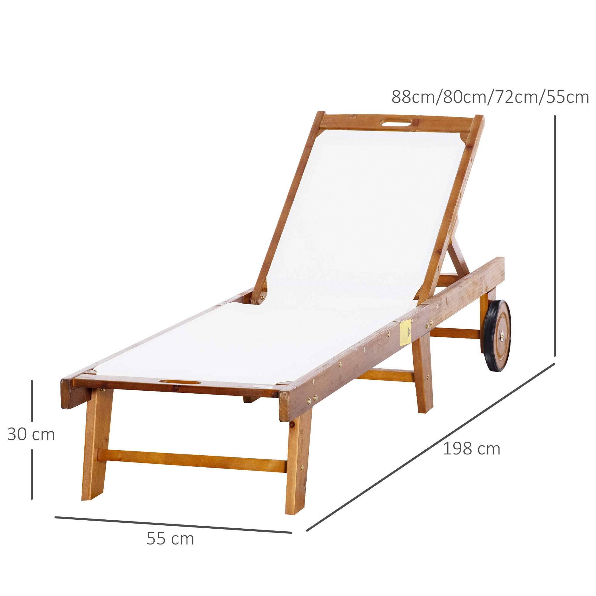 Outsunny Outdoor Acacia Wood Texteline Beach Sun Lounger Garden Patio Sunbed Recliner Chaise Adjustable Backrest with Wheels - North Peak Garden Furniture