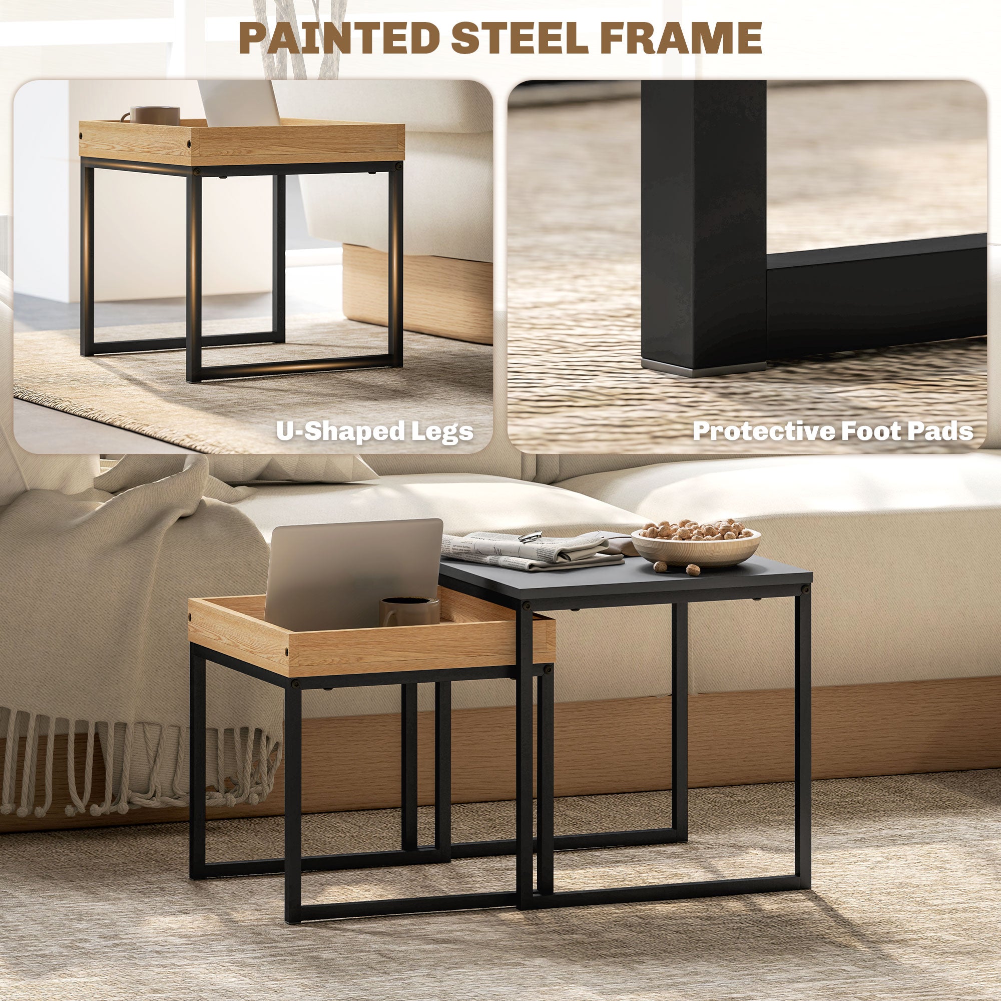 HOMCOM Set of Two Boxy Nesting Tables - Black/Wood-Effect - North Peak Garden Furniture