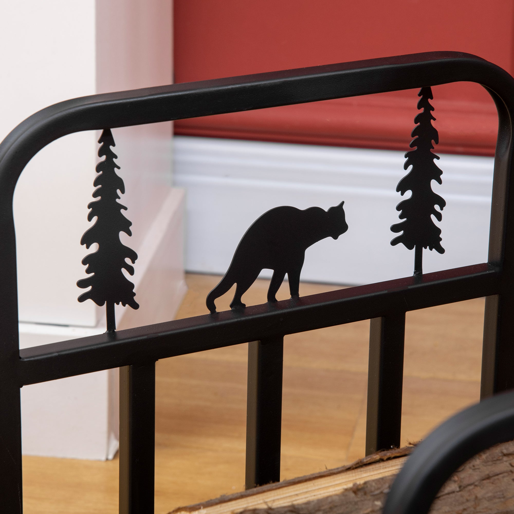 Outsunny Metal Firewood Log Holder Indoor Outdoor Firewood Rack Inner Arced Fireplace Wood Storage Shelf w/ Bear Shape Design, Rust-Resistant, Black, 42W x 33.5D x 43H cm - North Peak Garden Furniture