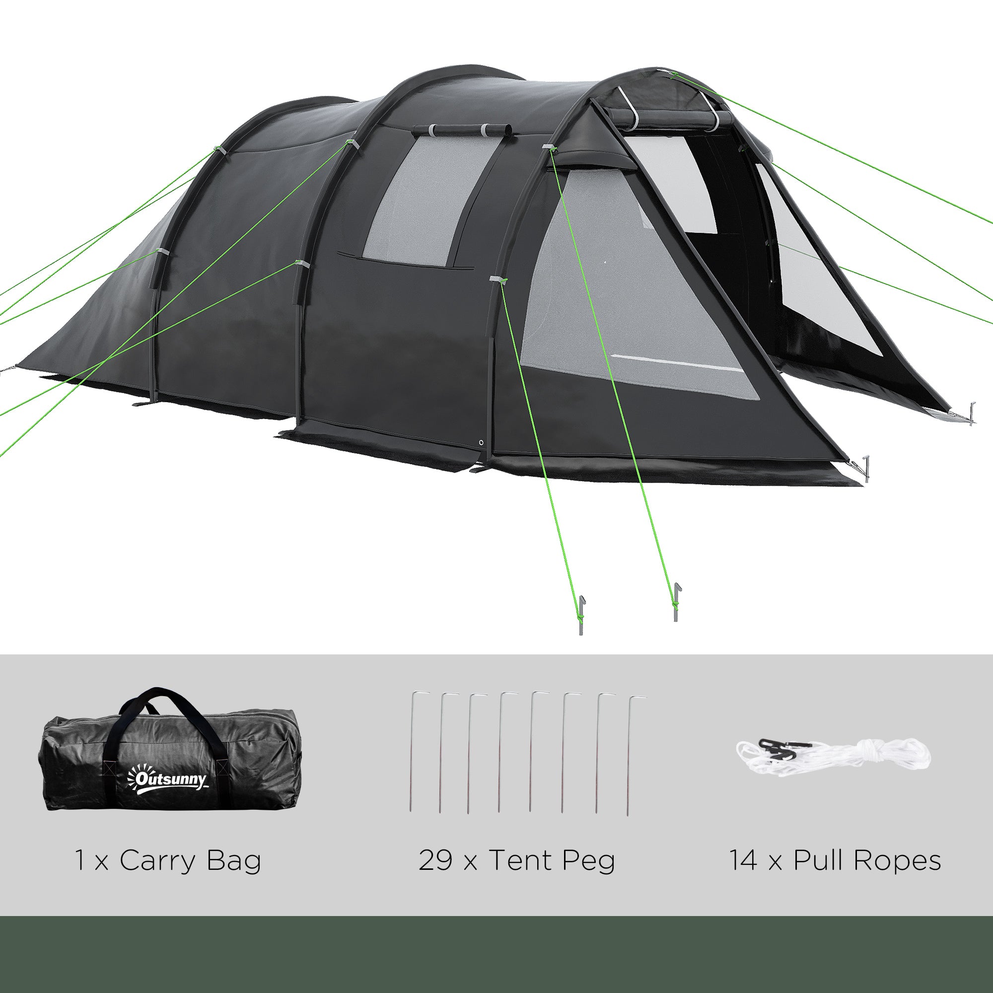 Outsunny 3-4 Man Tunnel Tent, Two Room Camping Tent with Windows and Covers, Portable Carry Bag, for Fishing, Hiking, Sports, Festival - Black