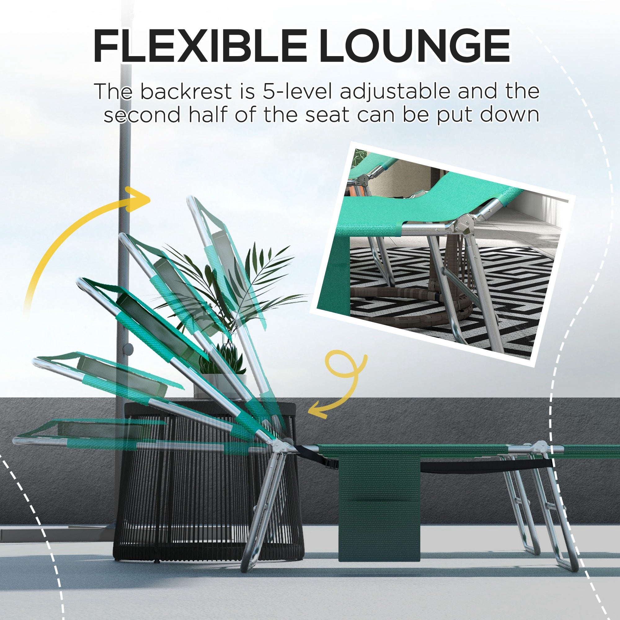 Outsunny Foldable Sun Lounger Set of 2 with Reading Hole, Portable Sun Lounger with 5 Level Adjustable Backrest, Reclining Lounge Chair with Side Pocket, Headrest Pillow, Green - North Peak Garden Furniture