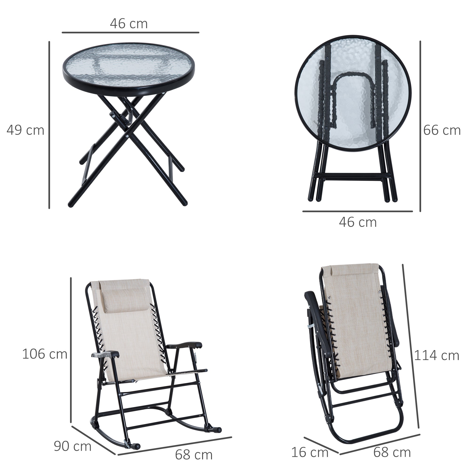 Outsunny 3 Piece Outdoor Rocking Set with 2 Folding Chairs and 1 Tempered Glass Table, Patio Bistro Set for Garden, Deck, Beige - North Peak Garden Furniture