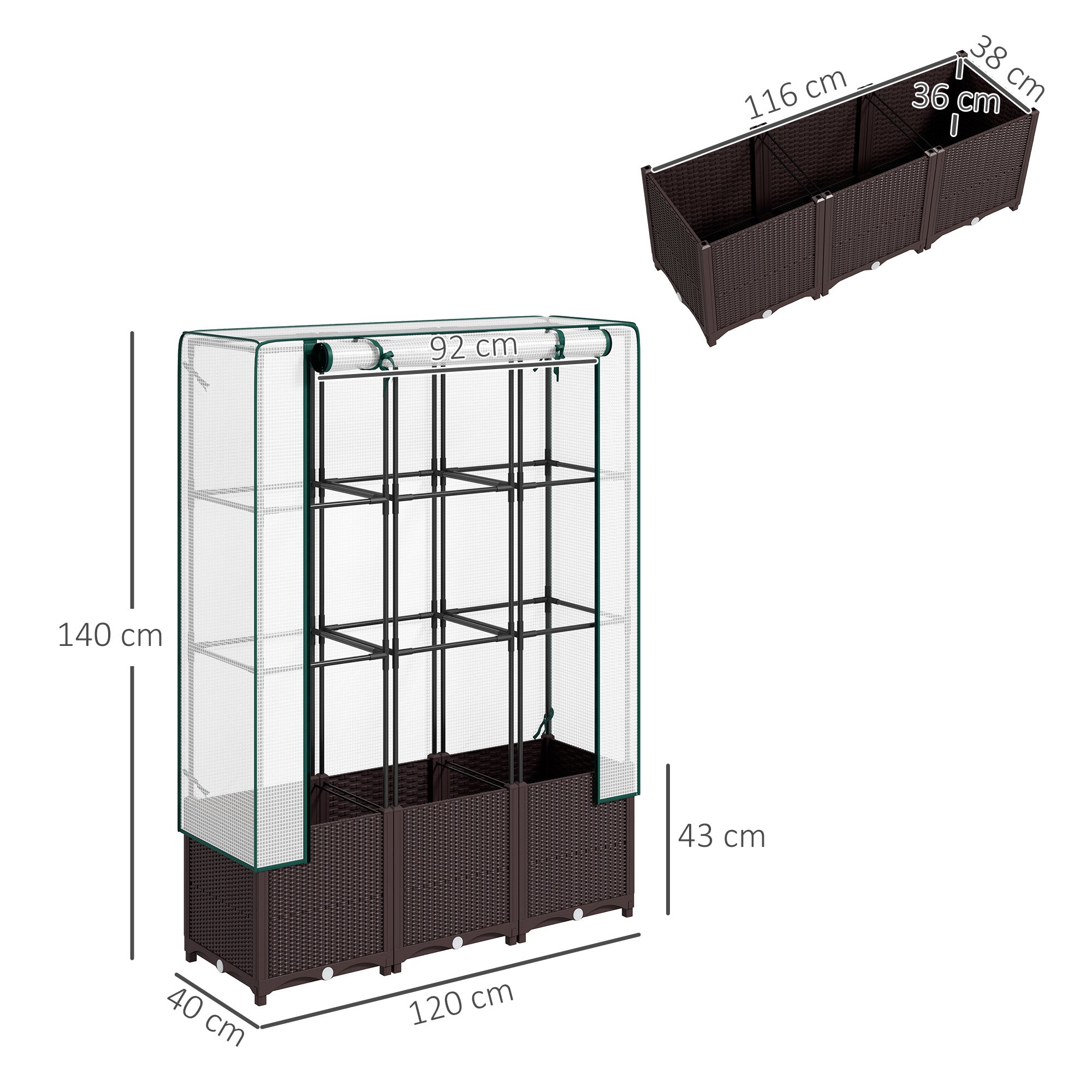 Outsunny Raised Garden Bed with Trellis, Plastic Planter Box with PE Cover, Drainage Holes, Drain Plugs and Water Reservoirs for Climbing Plants, Vegetables, Flowers, 120 x 40 x 140 cm