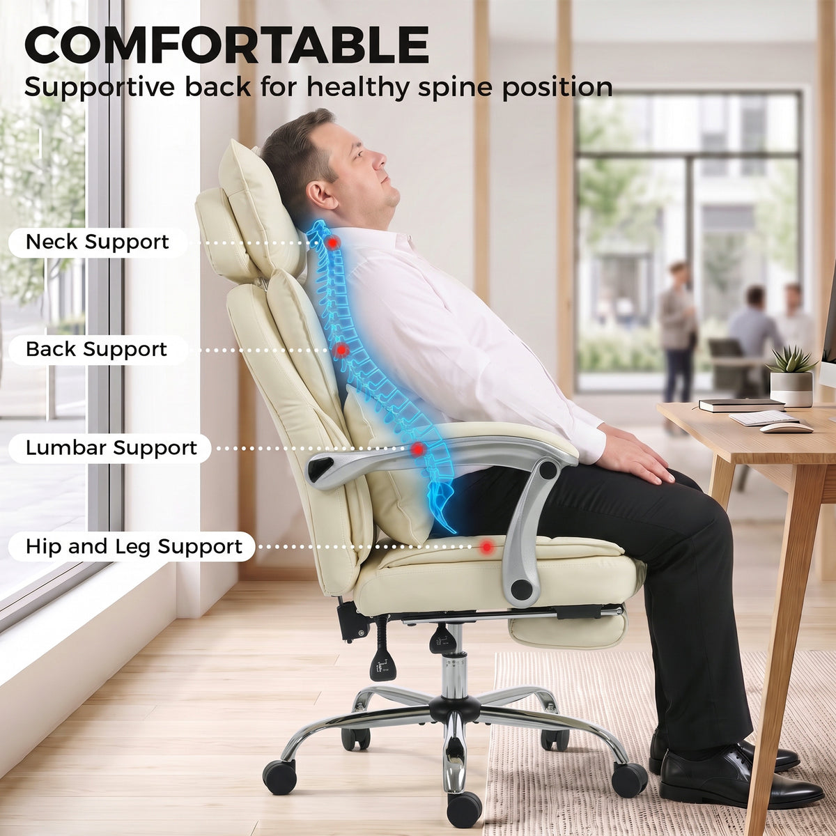 HOMCOM Executive Office Chair, PU Big and Tall Office Chair 180 kg with Wide Seat, Reclining, Lumbar Support, Beige