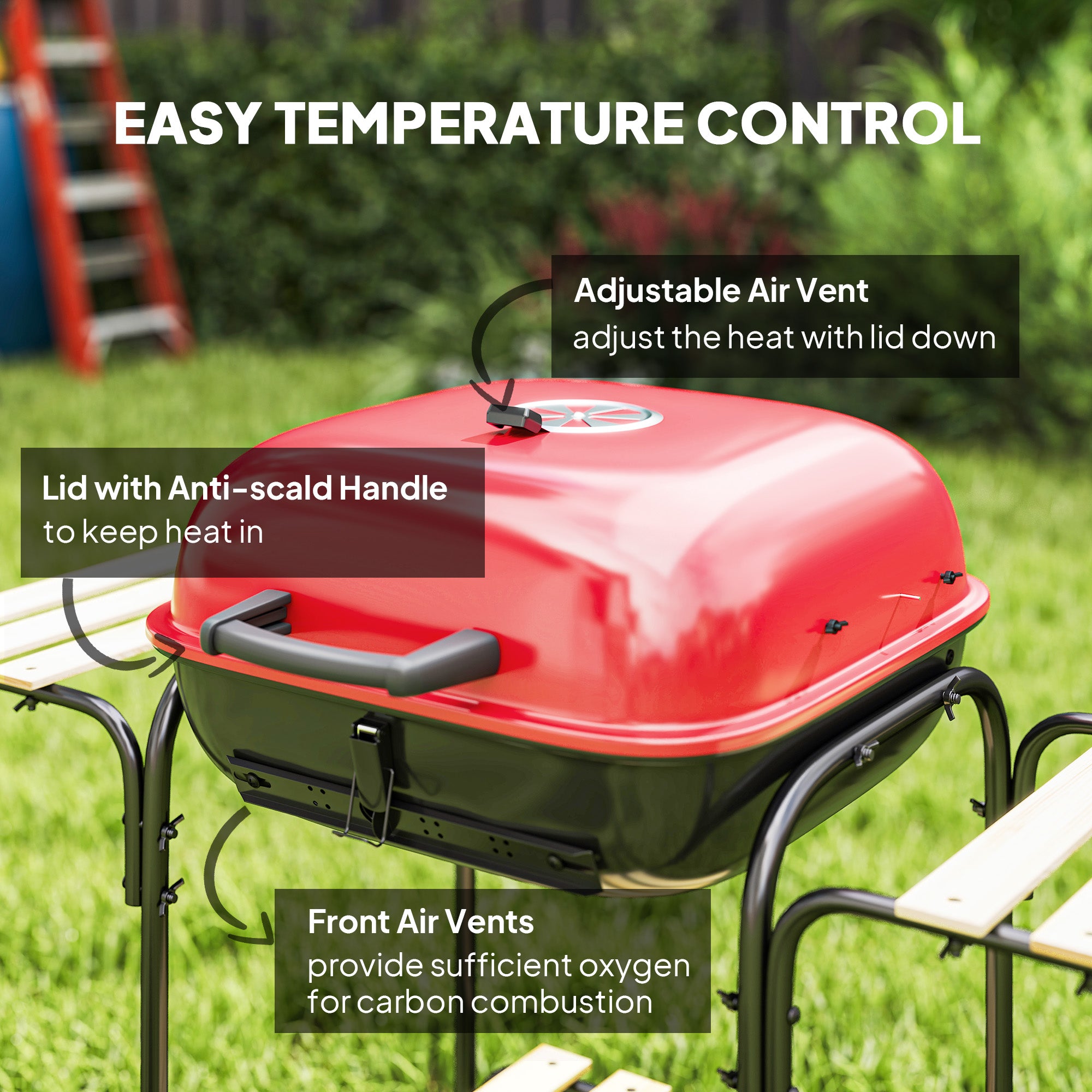 Outsunny Charcoal Barbecue Grill Portable BBQ Grill with 1840 cm² Cooking Area, 3 Shelves, Adjustable Vent, Lockable Lid, Wheels for Outdoor Cooking, Garden Party, Red - North Peak Garden Furniture