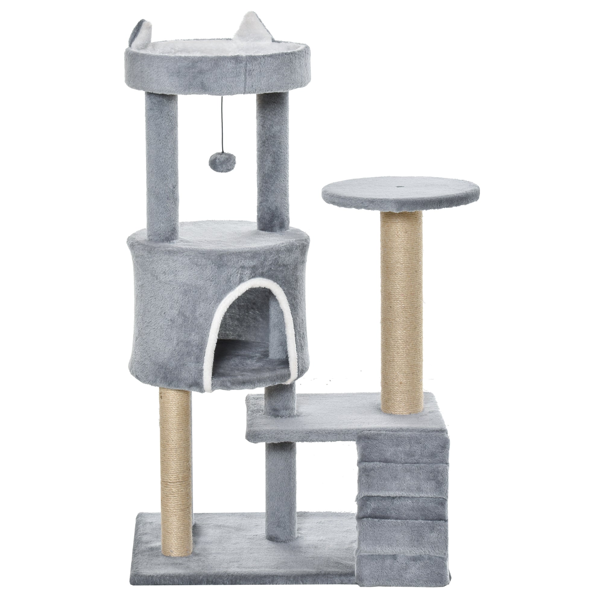 PawHut 100 cm Cat Tree, Cat Condo Tree Tower for Indoor Cats, Cat Activity Centre with Scratching Posts, Plush Perch, Ladder, Hanging Ball - Light Grey - North Peak Garden Furniture