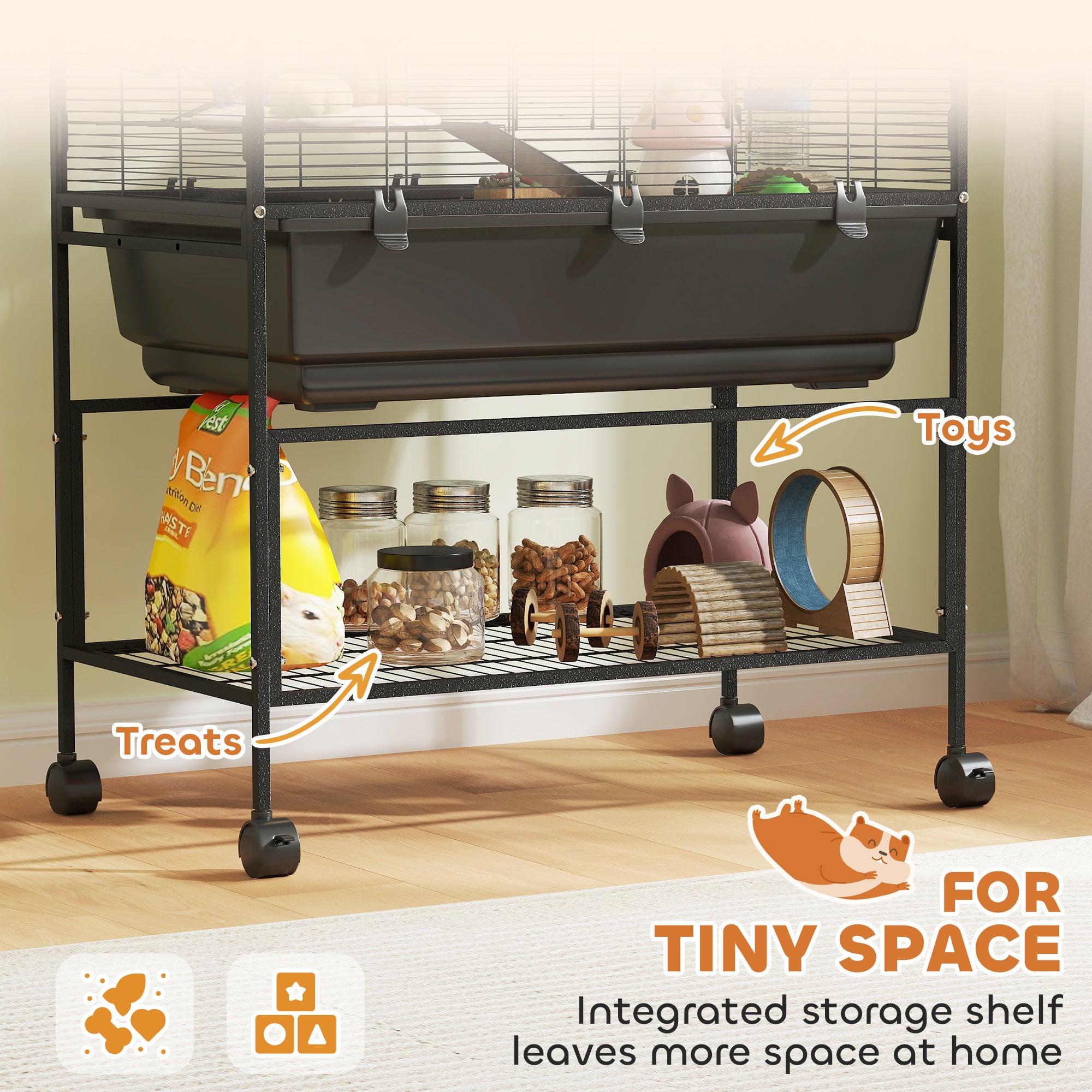 PawHut 3 Tier Large Hamster Cage on Wheels with 17 cm Deep Tray, Storage Shelf for Syrian, Gerbil, Rats - North Peak Garden Furniture